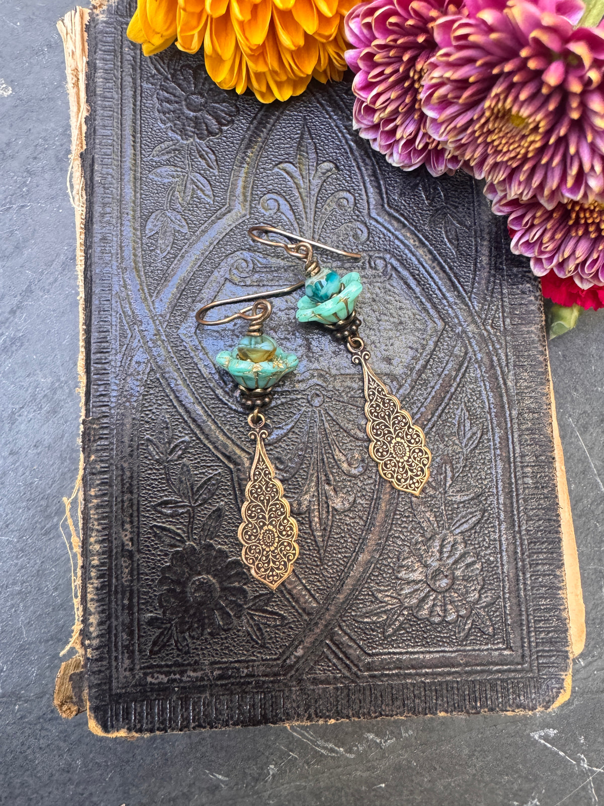 Czech glass flowers, brass filigree metal, earrings