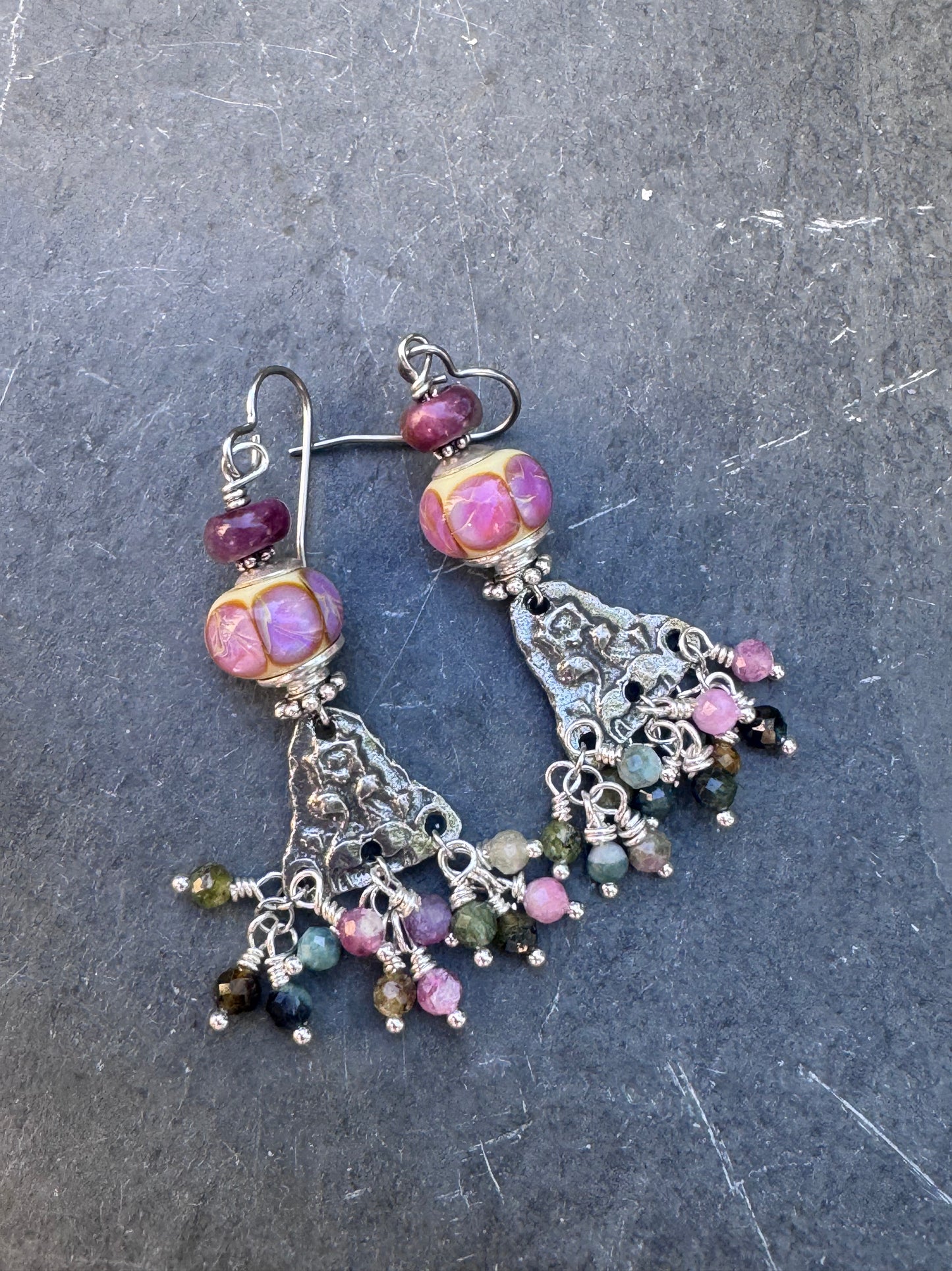 Handmade lampwork glass, silver pewter flower charm, watermelon tourmaline stone, earrings