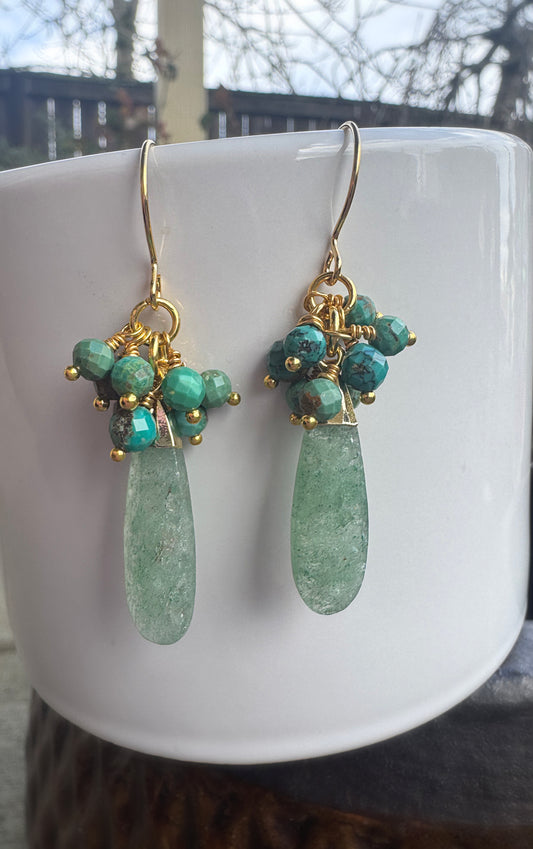 Turquoise, aventurine stone, gold metal, earrings