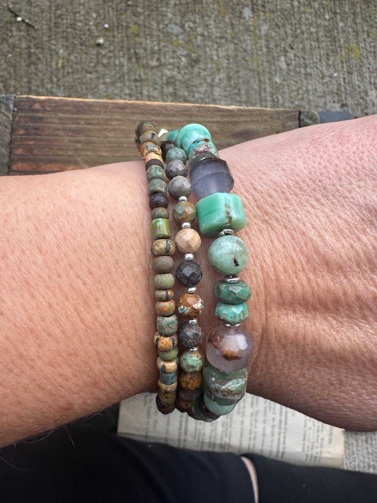 Turquoise, chrysoprase stone, Czech glass, silver, bracelet