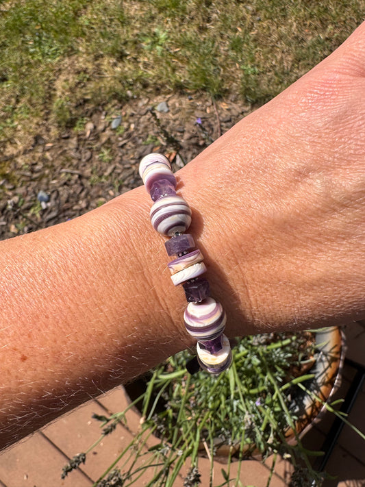 Wampum shell, amethyst stone, silver metal, button, bracelet