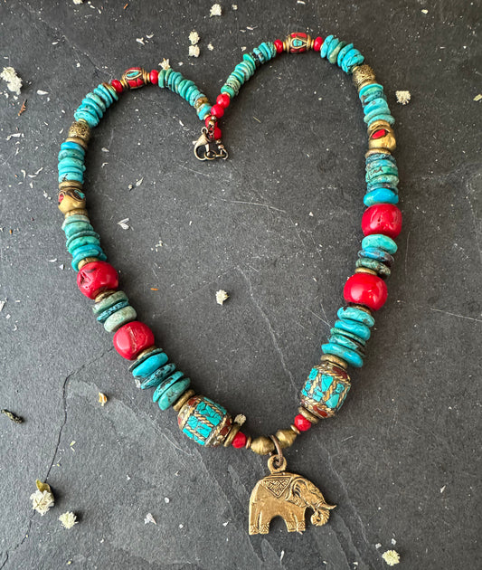 Turquoise stone, nepal inlaid beads, african brass, necklace, jewelry
