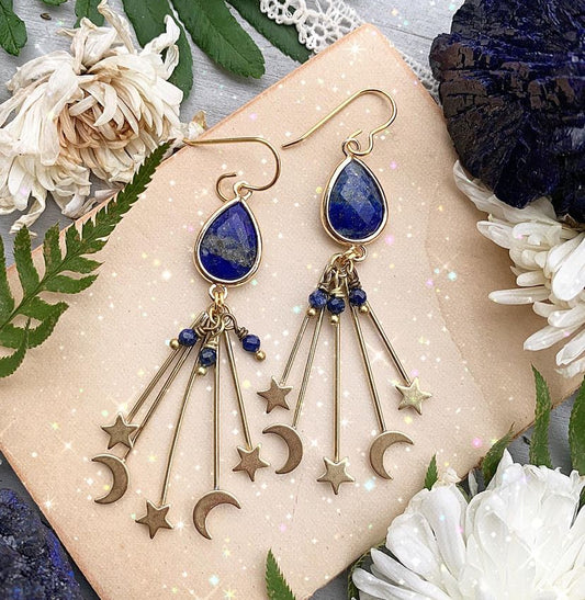 Lapis lazuli stone, moon and stars charms, gold metal, earrings, jewelry