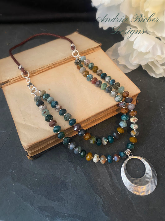 Layers. mixed gemstones, leather, silver metal, necklace, jewelry