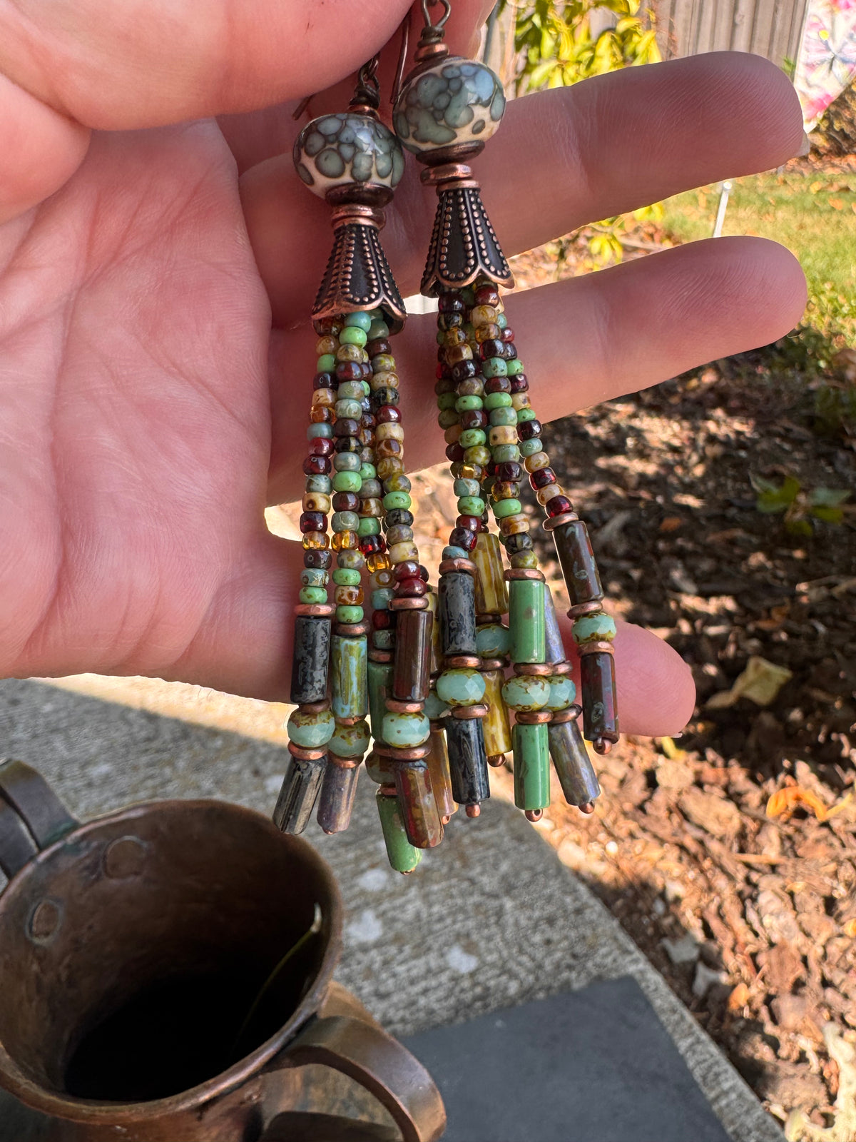 Handmade lamp work Glass, Czech glass, tassel, copper metal, earrings