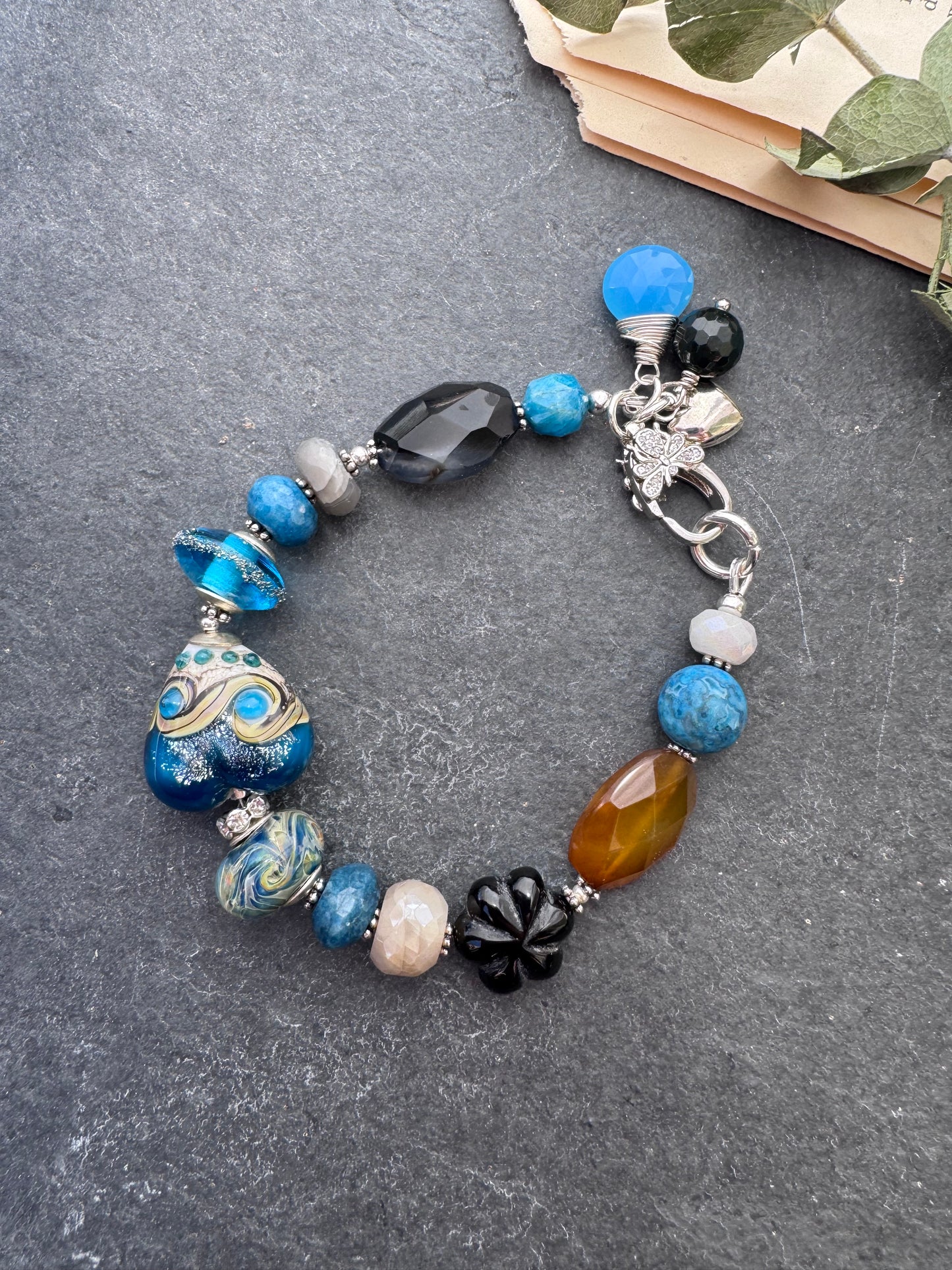 Apatite, handmade lampwork glass, agate, silver metal, bracelet