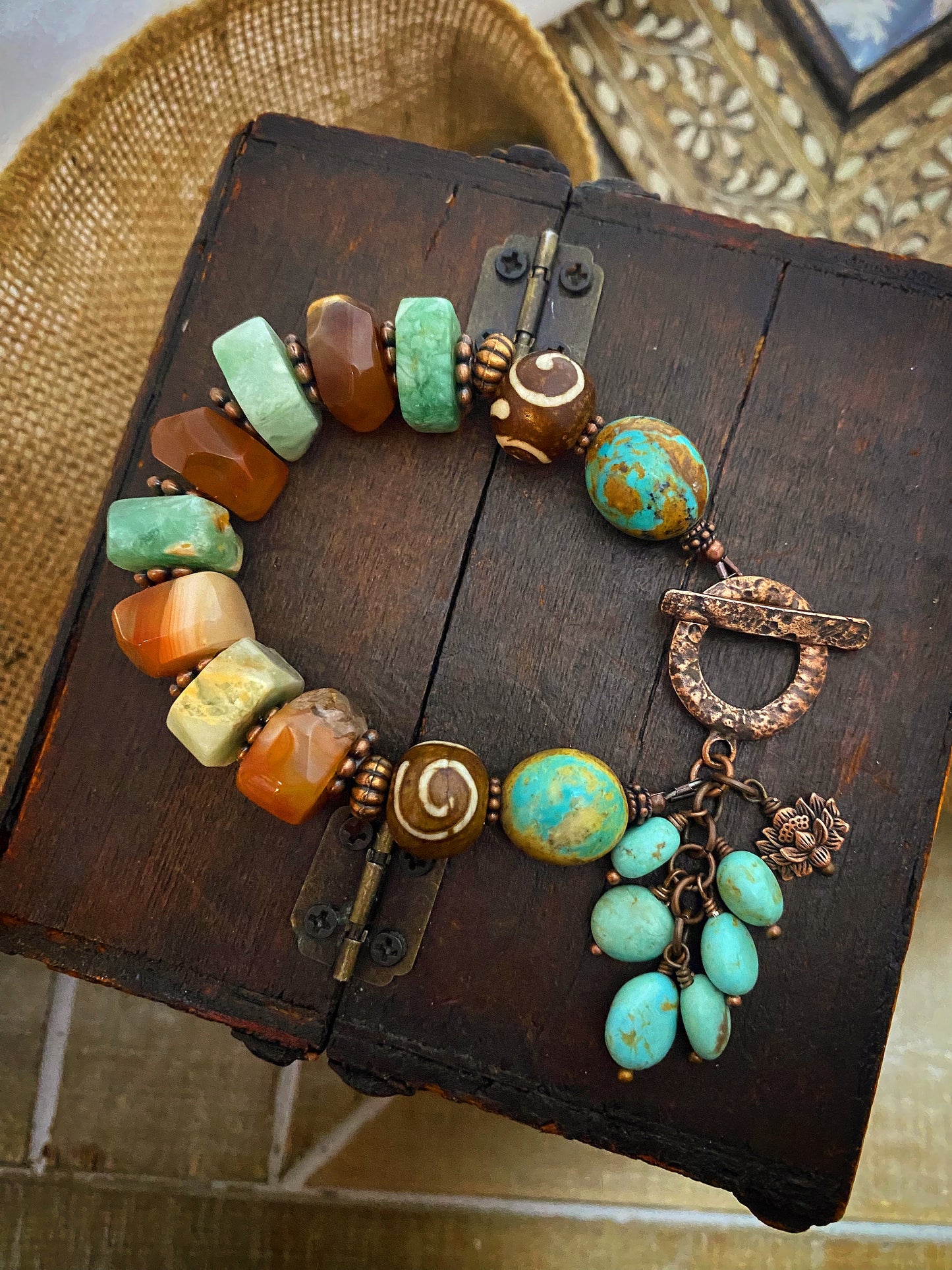 Genuine turquoise stone, Chrysophase stones, carnelian agate stones, African wood beads, copper metal, bracelet