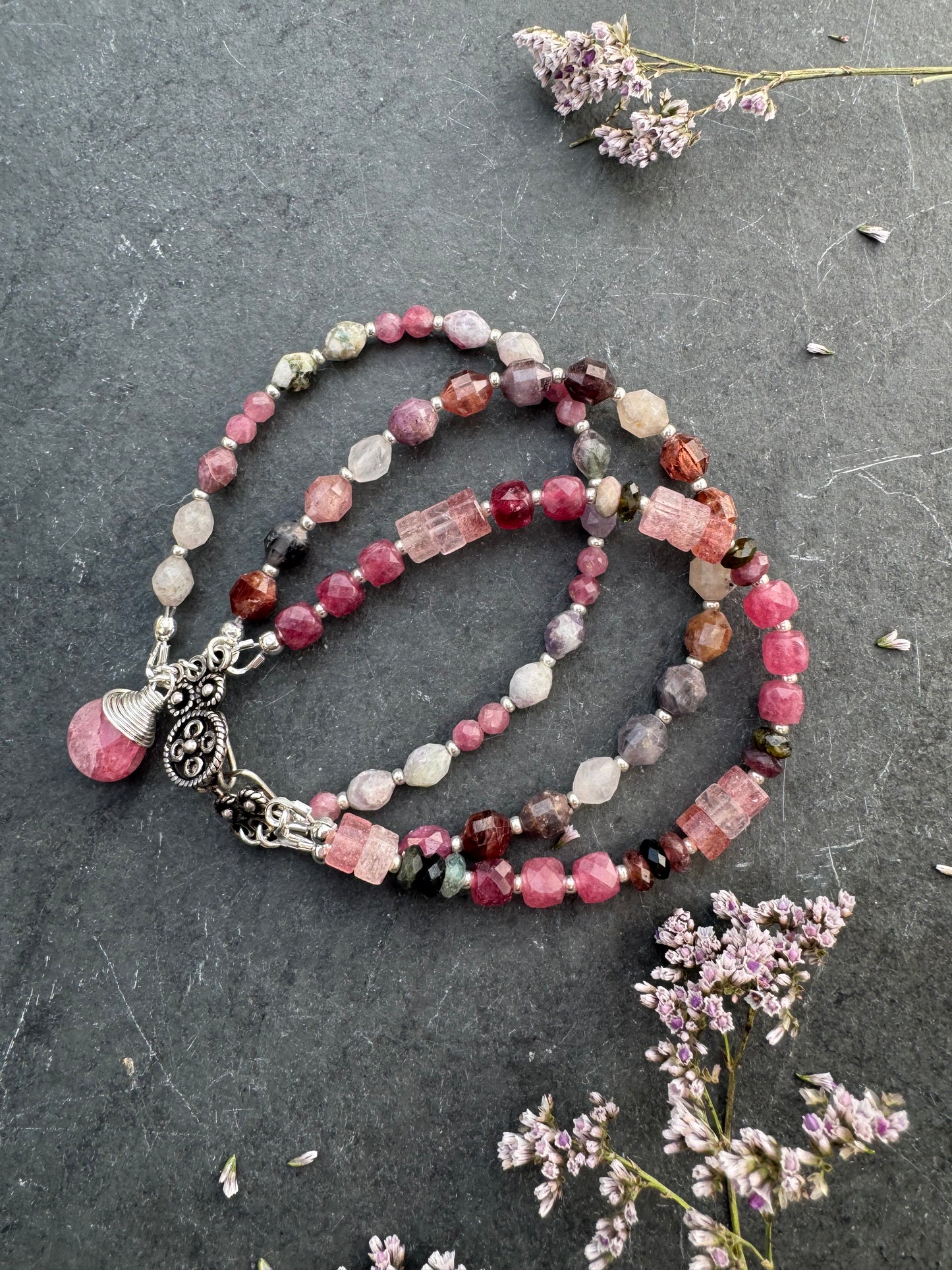 Watermelon tourmaline stone, rose quartz, pink tourmaline, strawberry quartz, sterling silver clasp.