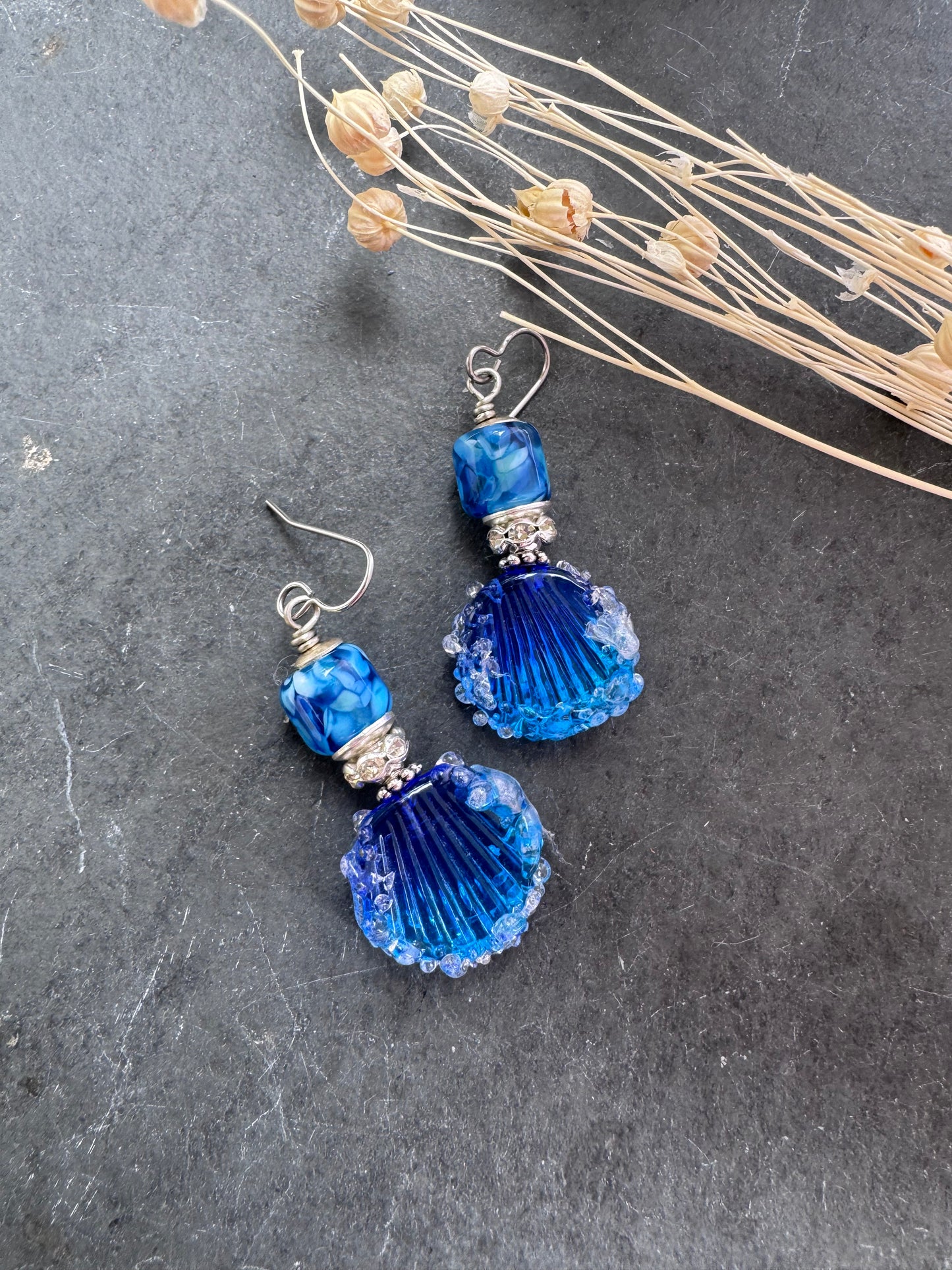 Shell, ocean, design, blue Handmade lampwork glass, earrings