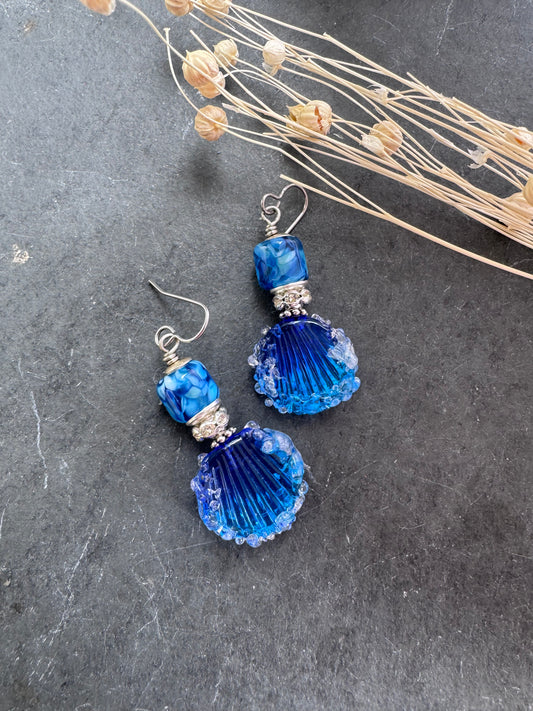 Shell, ocean, design, blue Handmade lampwork glass, earrings