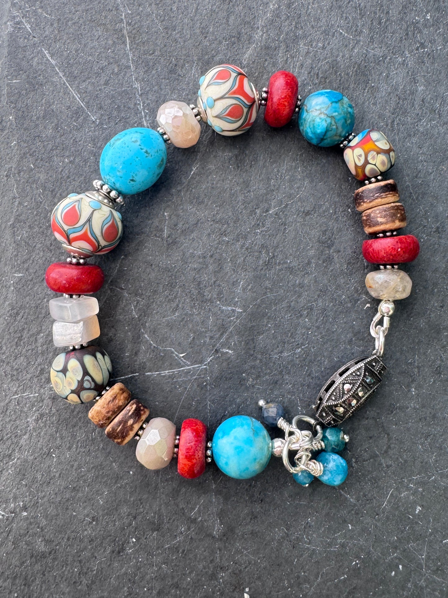 Kingman turquoise, coral, handmade lampwork glass, moonstone, silver metal, bracelet