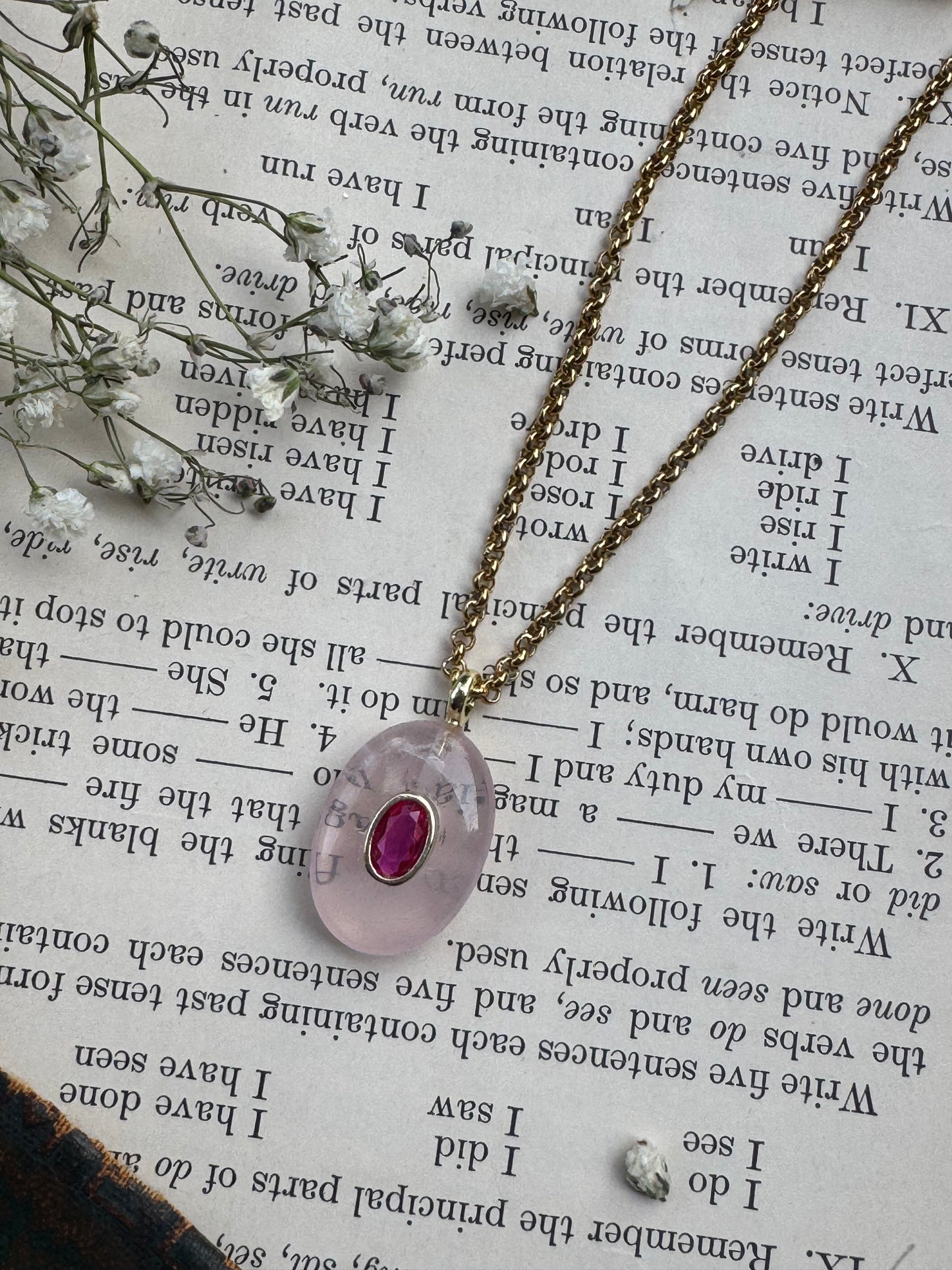 rose quartz, ruby crystal, gold metal, drop necklace