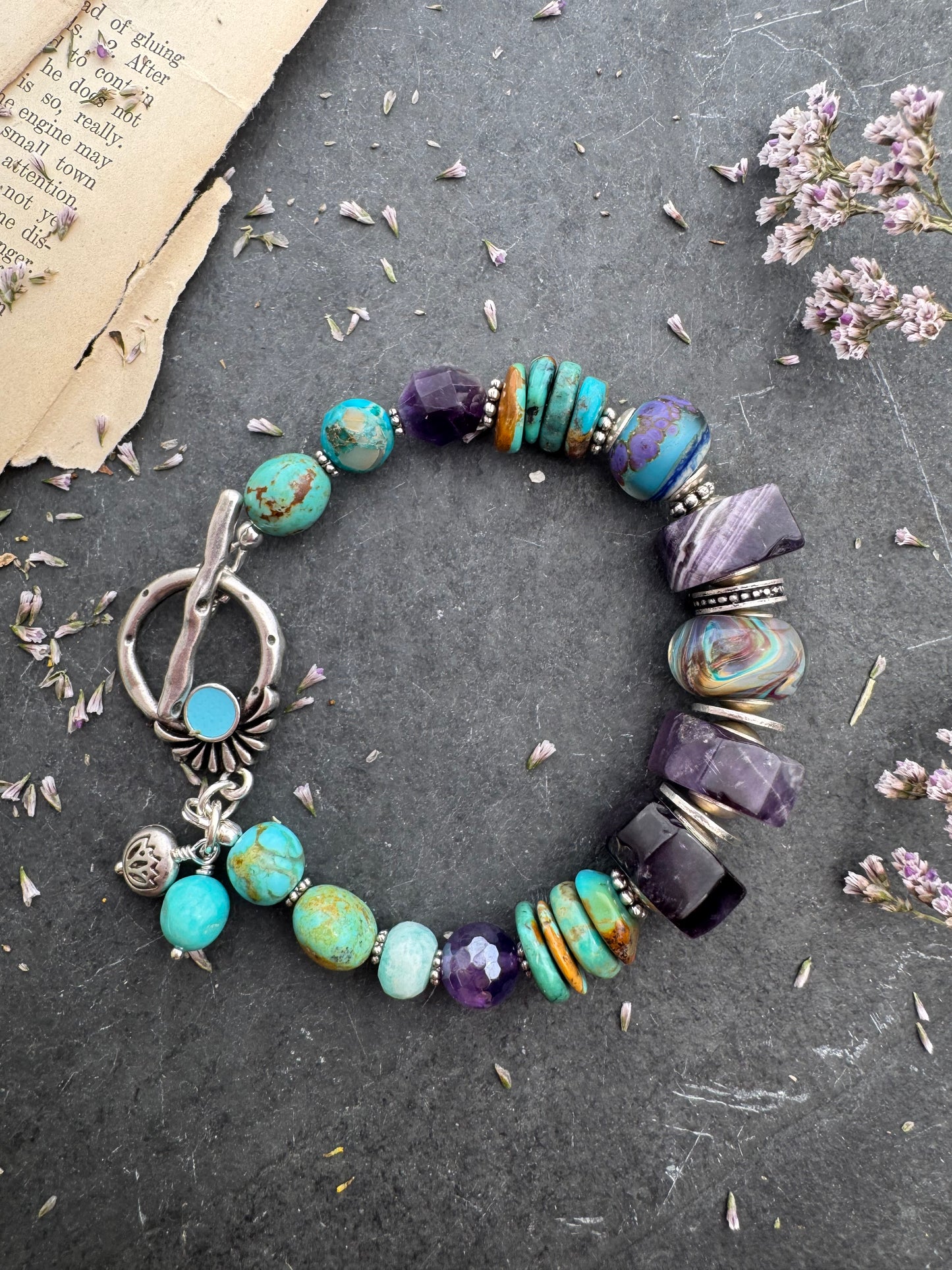 Turquoise kingman, handmade lampwork glass, amethyst, Amazonite, jasper, silver metal, bracelet.