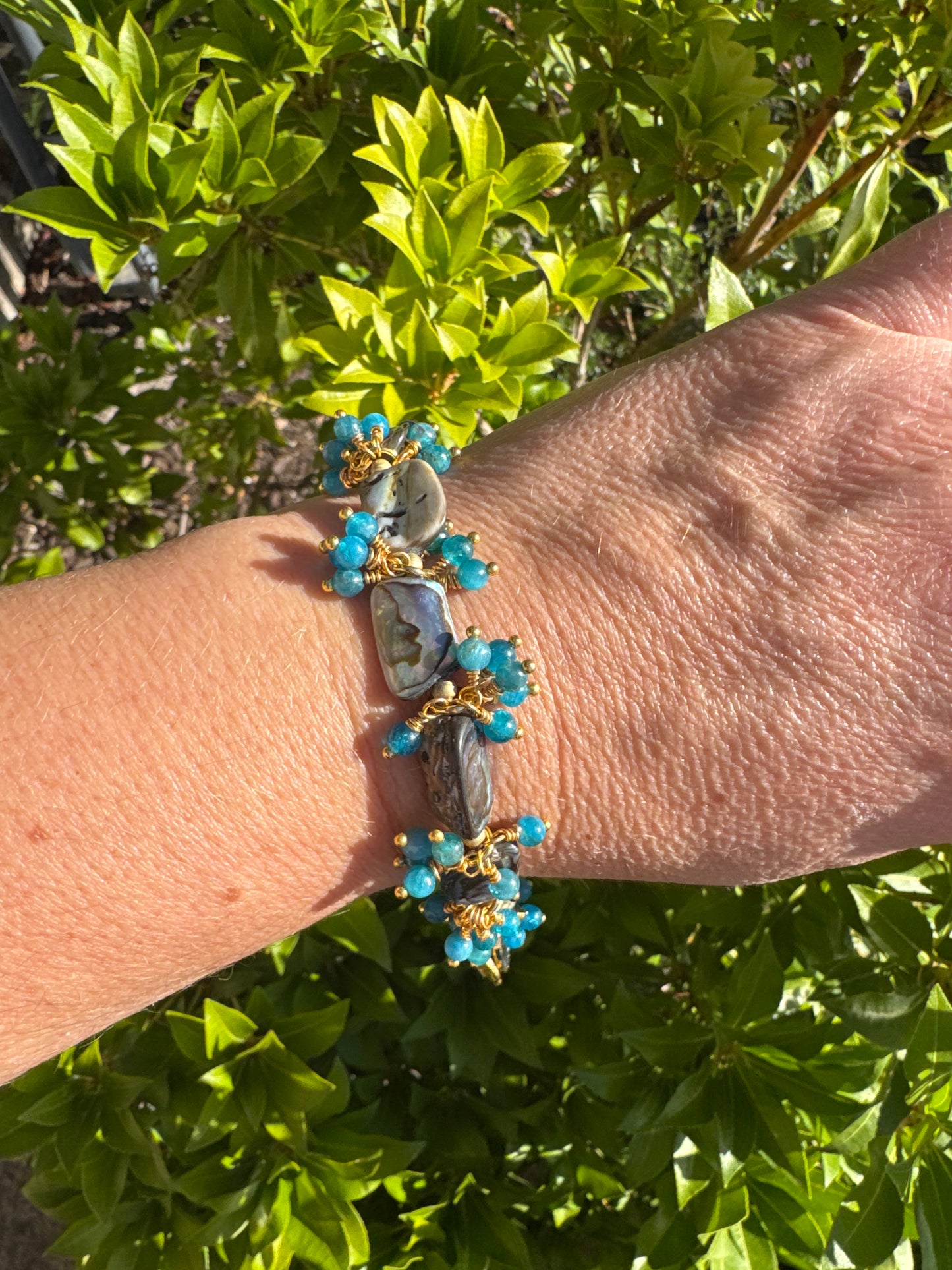 Abalone beads, apatite stone, charm, gold metal, bracelet