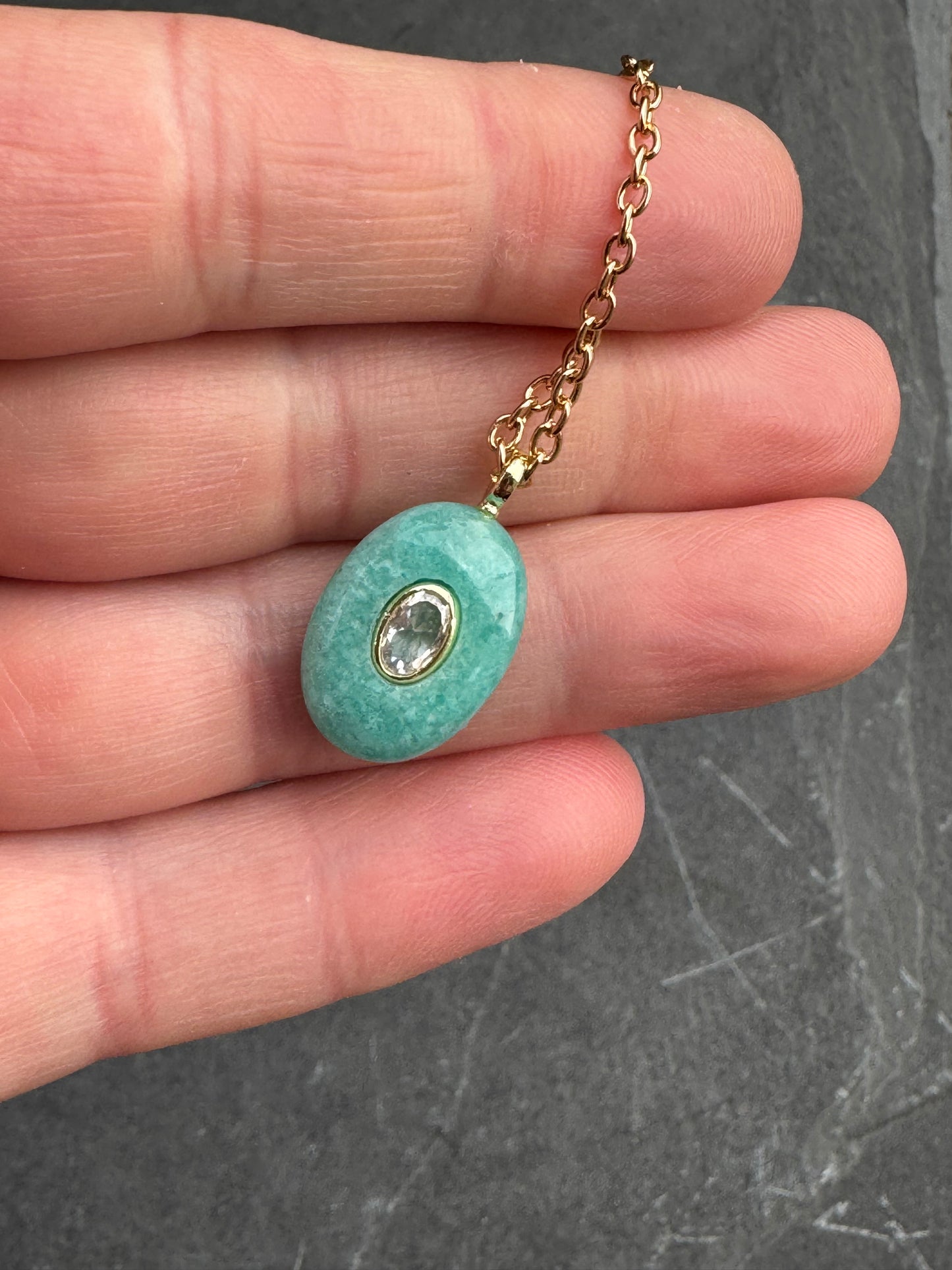 Amazonite, crystal, gold metal, drop necklace and earrings set