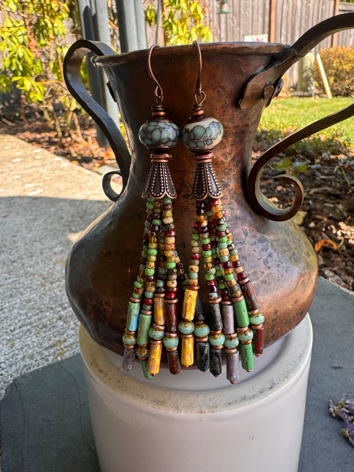 Handmade lamp work Glass, Czech glass, tassel, copper metal, earrings