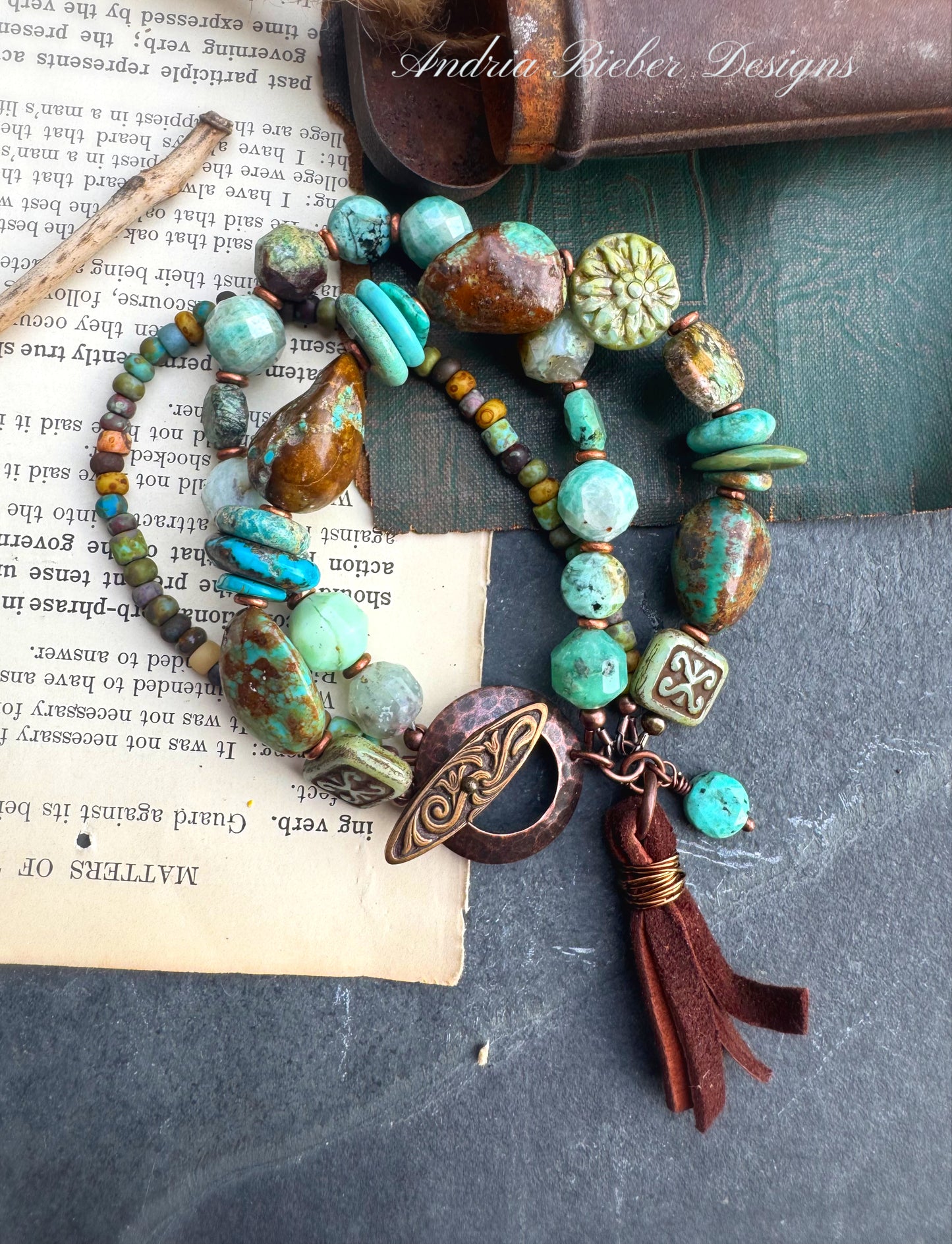 Turquoise, Amazonite, Chrysoprase stone, Czech glass, copper, leather, bracelet