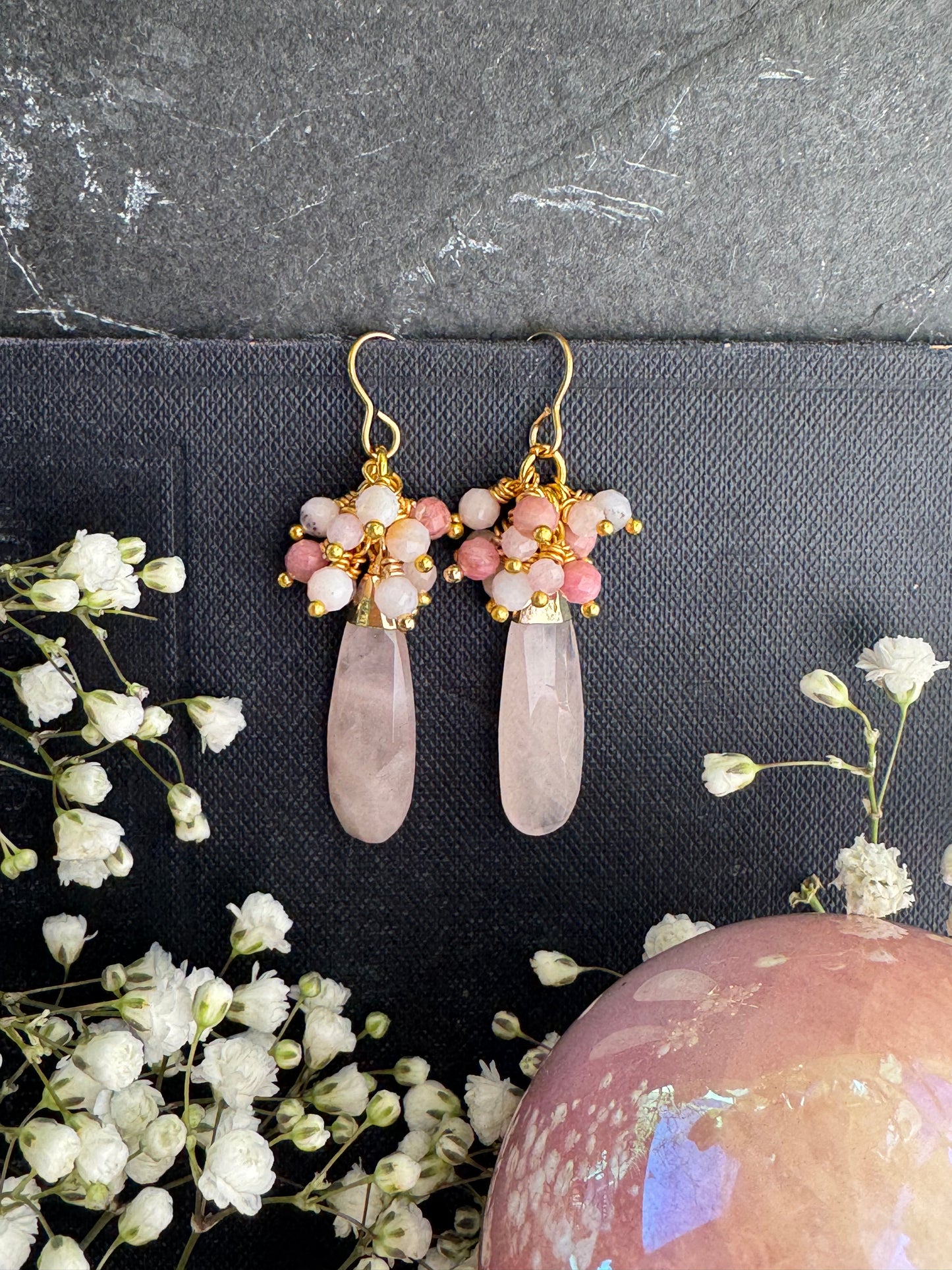 Rose quartz drops, pink Opal , gold metal, earrings