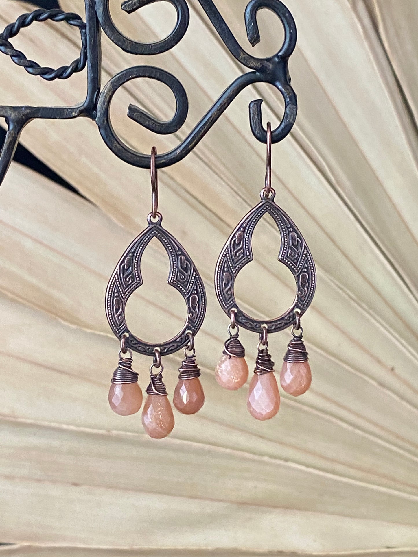Peach moonstone, copper metal, dangle, earrings, jewelry.