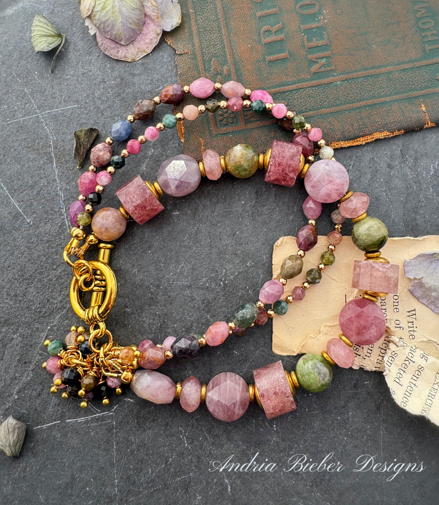 Watermelon tourmaline stone, rose quartz, strawberry quartz, hematite, gold metal, bracelet.