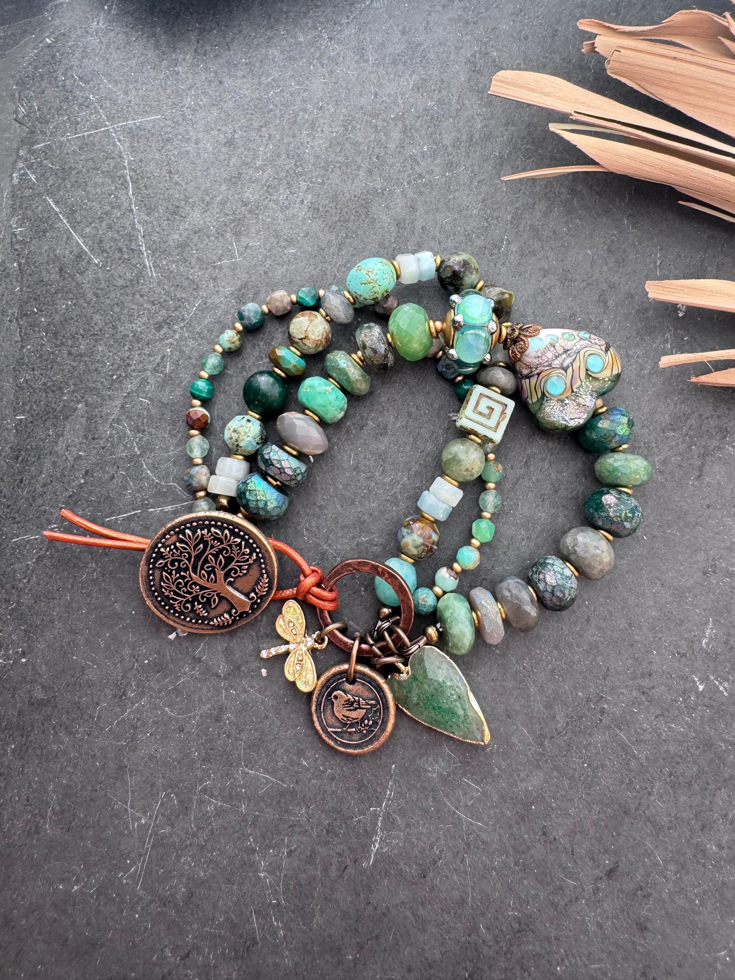 handmade lampwork Glass, mystic emerald, chrysoprase, turquoise, malachite, green aventurine,  Amazonite, labradorite, and handmade bronze button featuring tree of life