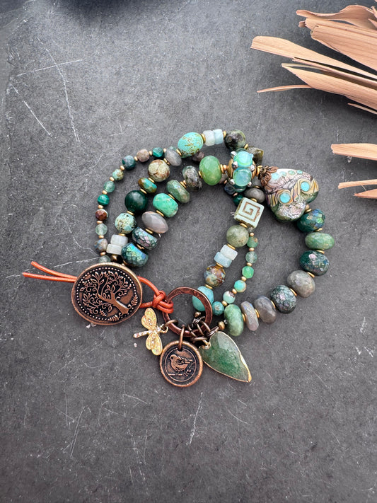 handmade lampwork Glass, mystic emerald, chrysoprase, turquoise, malachite, green aventurine,  Amazonite, labradorite, and handmade bronze button featuring tree of life