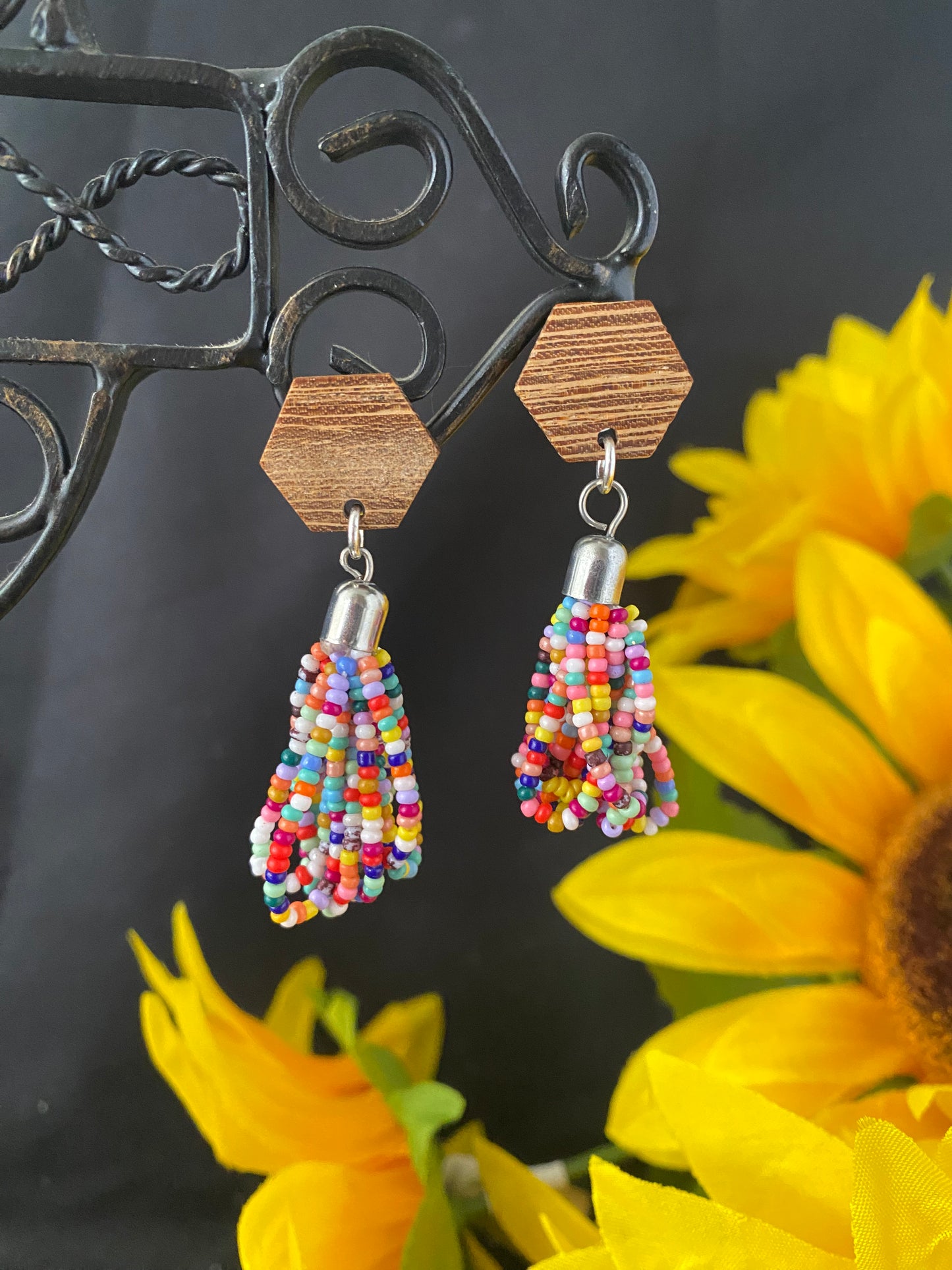 Colorful seed bead, wood top, post back, silver metal earrings, jewelry