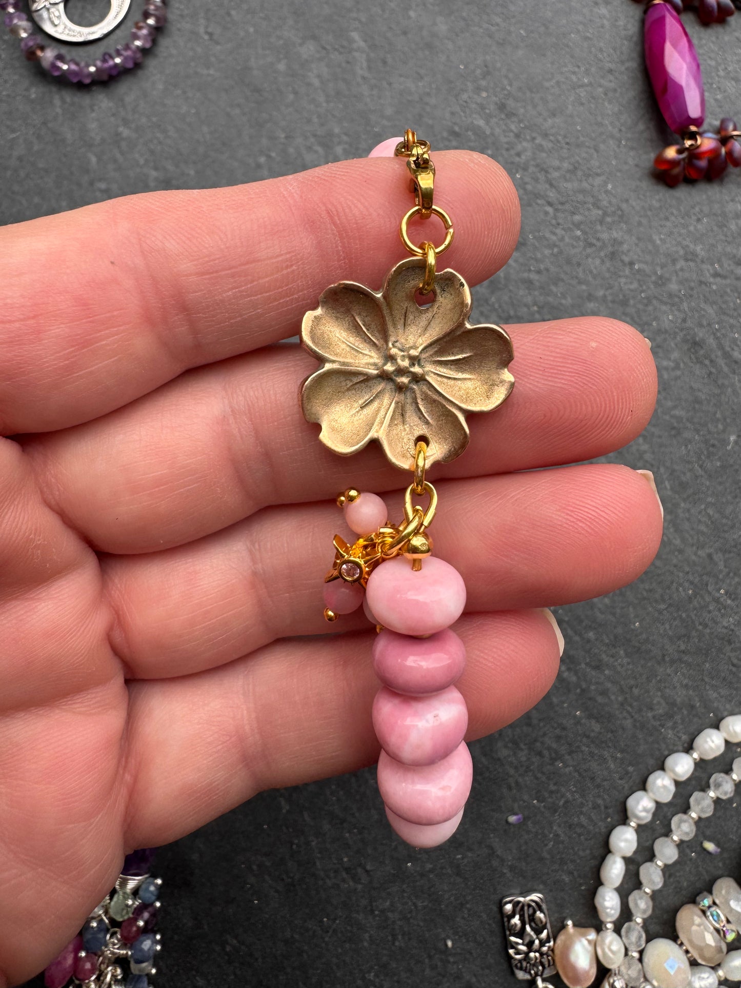 Pink opal, pink crystal and flower clasp bracelet