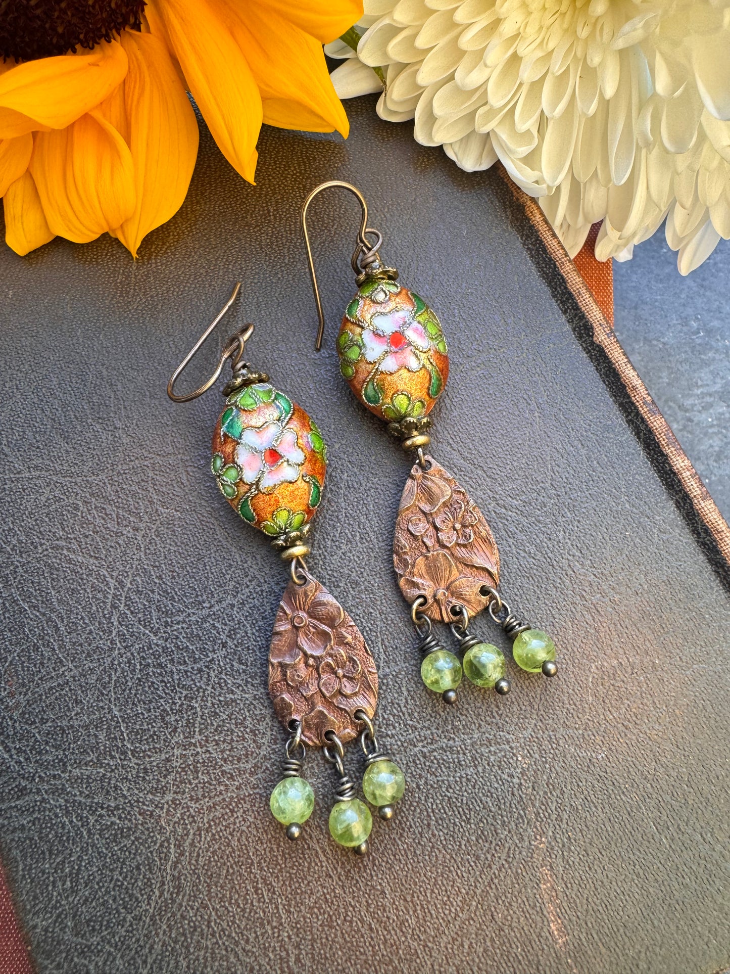 Green flowers. cloisonné, peridot stone, Vintaj brass metal, earrings
