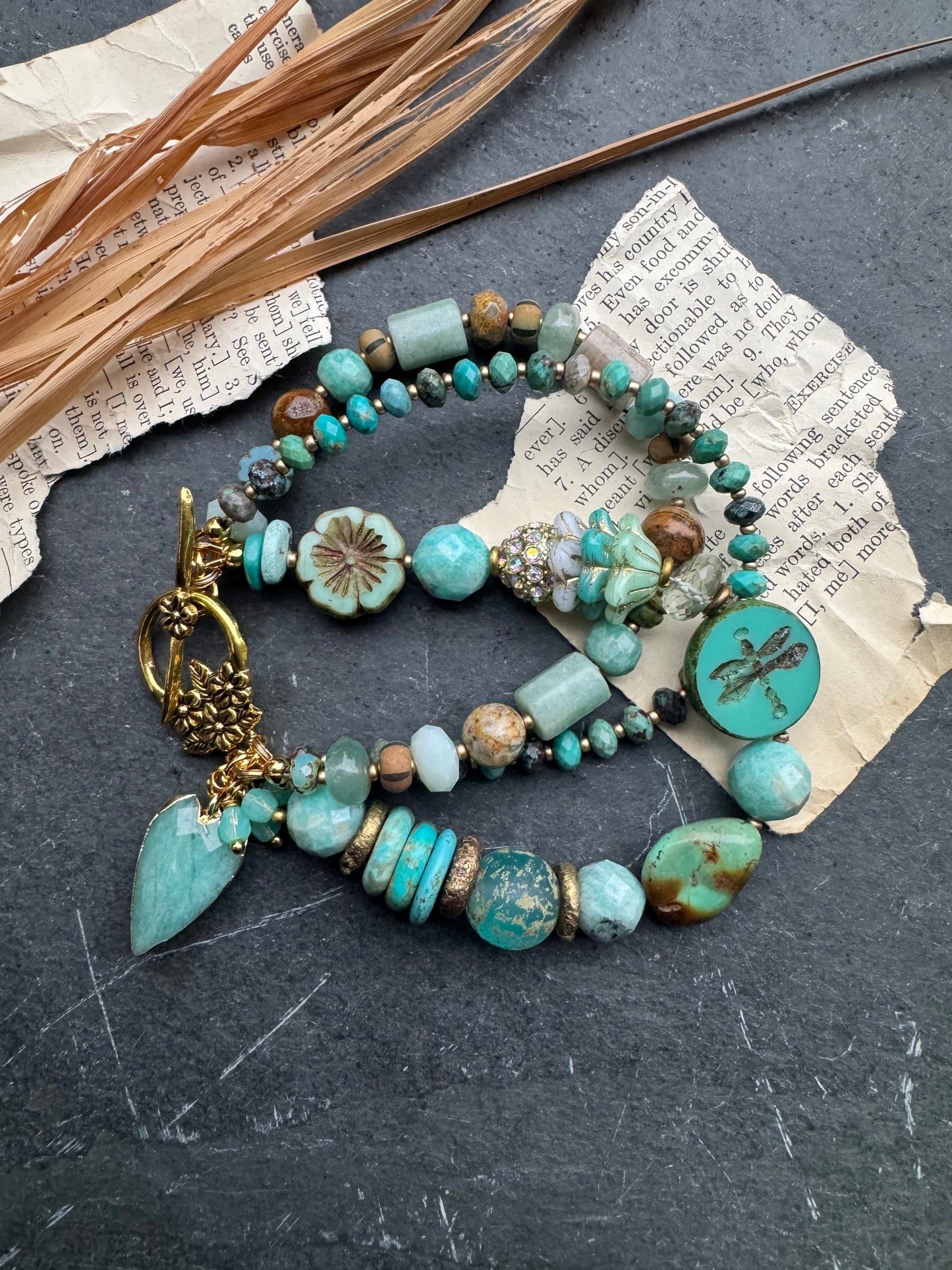Turquoise (kingman) stone, czech glass, Amazonite, African brass, green amethyst, bracelet ￼￼