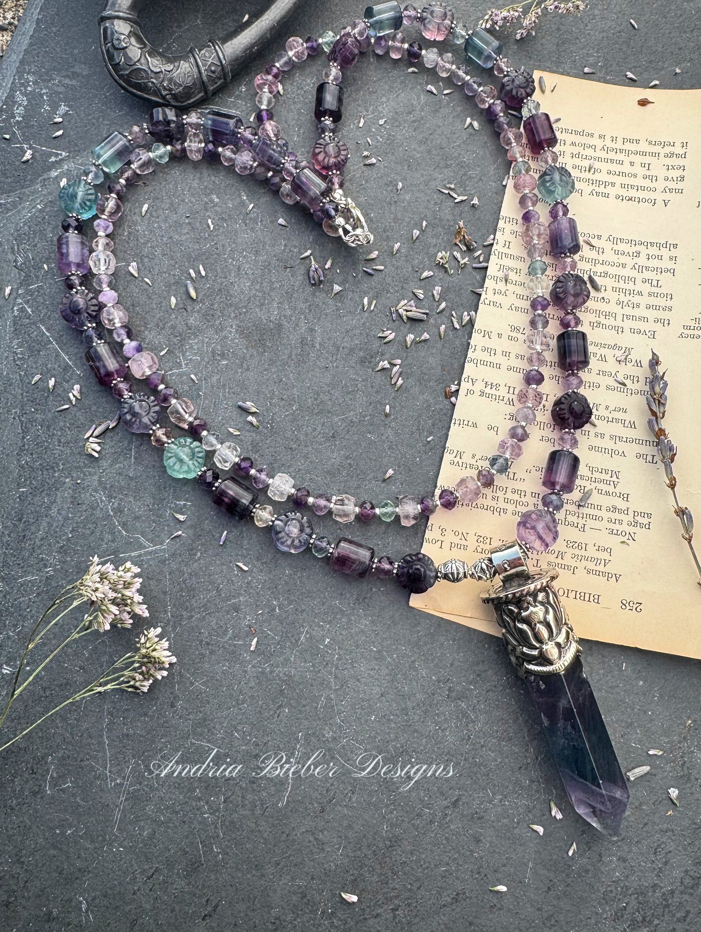 Fluorite stone, two layer, Tibetan silver crystal point pendant, necklace.