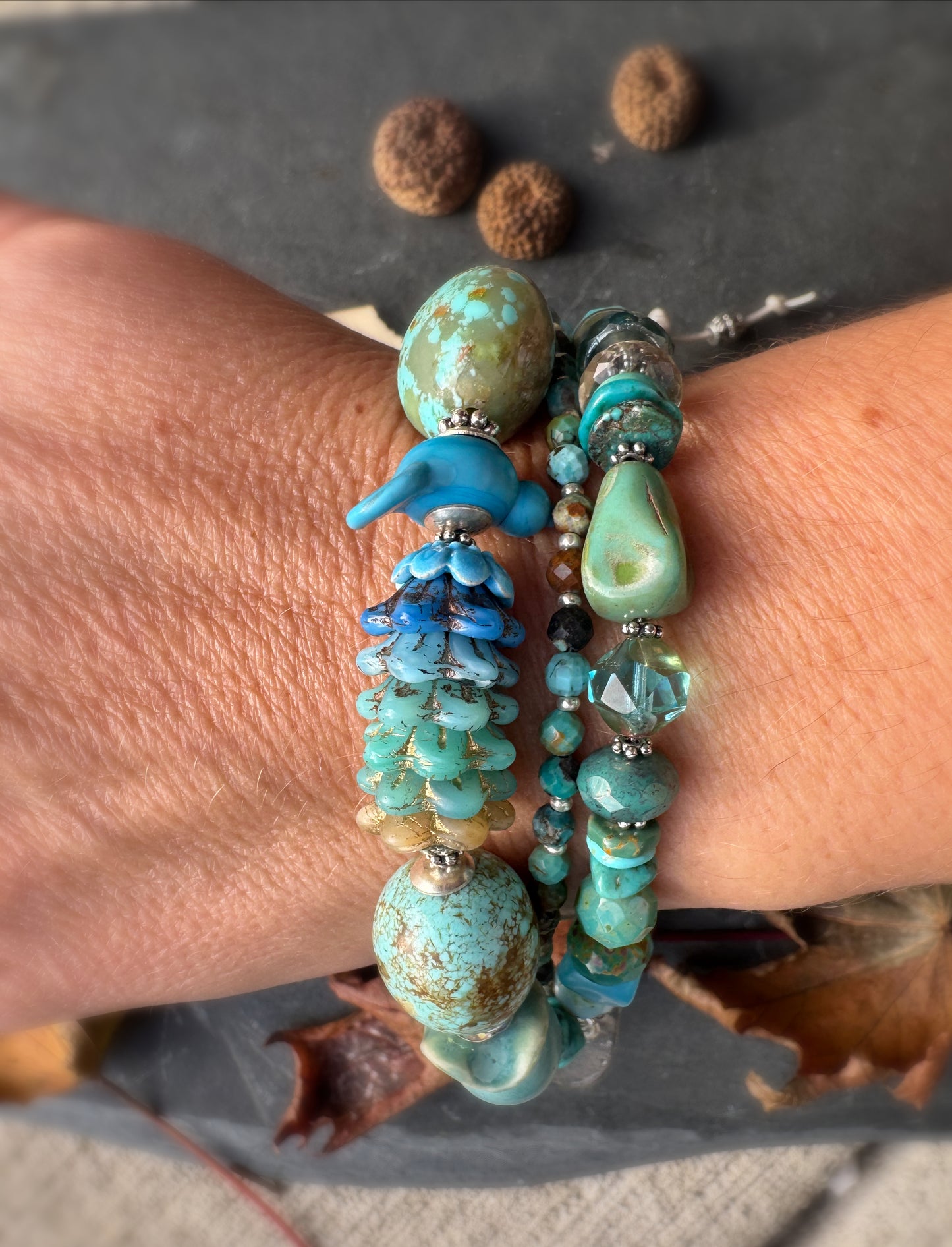 Kingman turquoise, Czech glass, ceramic, Butterfly button, silver metal, bracelet