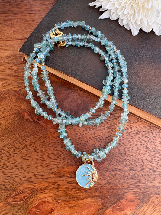 Apatite stone chip, charm, gold metal, wrap bracelet or necklace