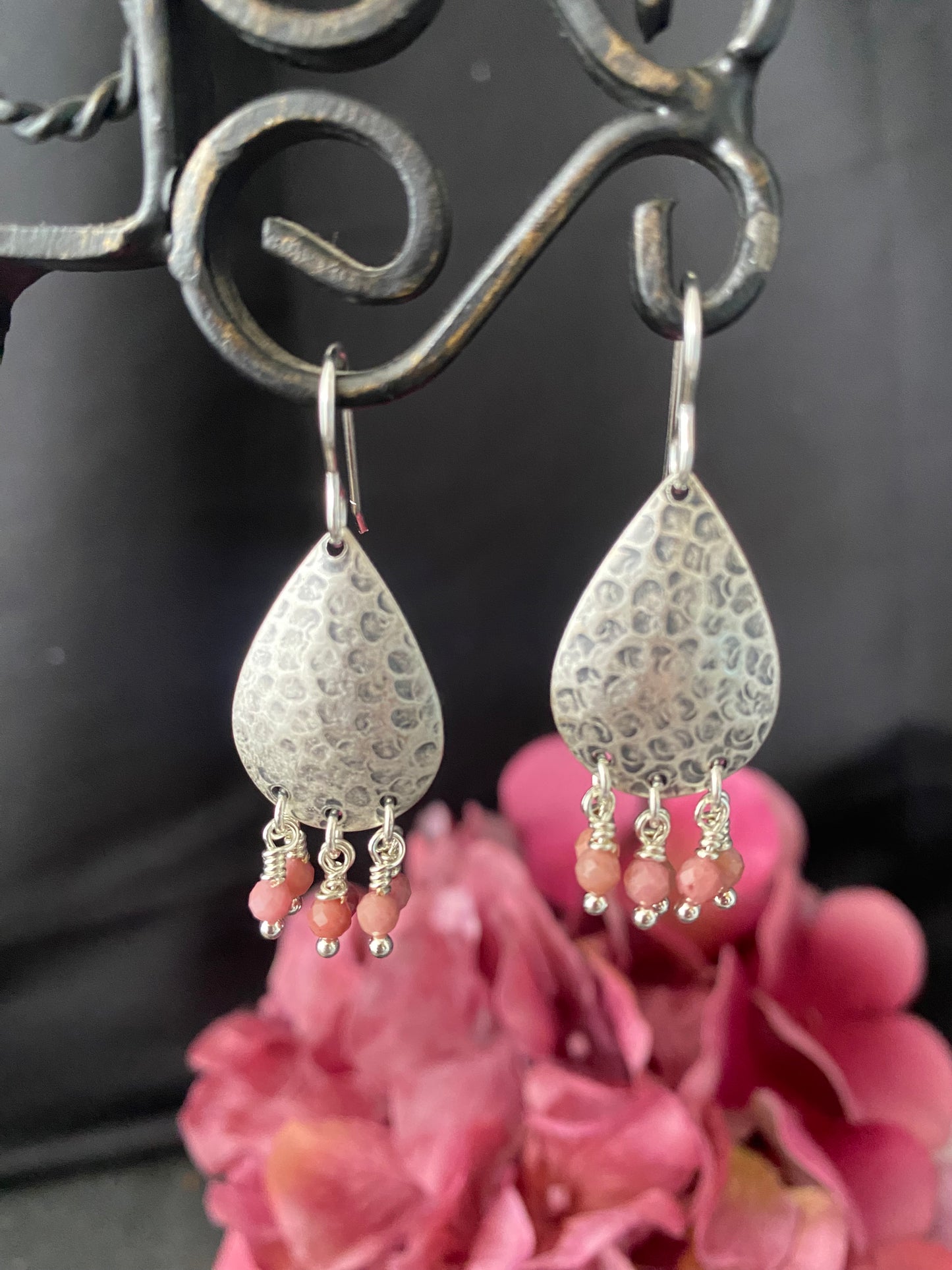 Silver earrings . Hammered silver charms, pink stone, sterling silver jewelry.