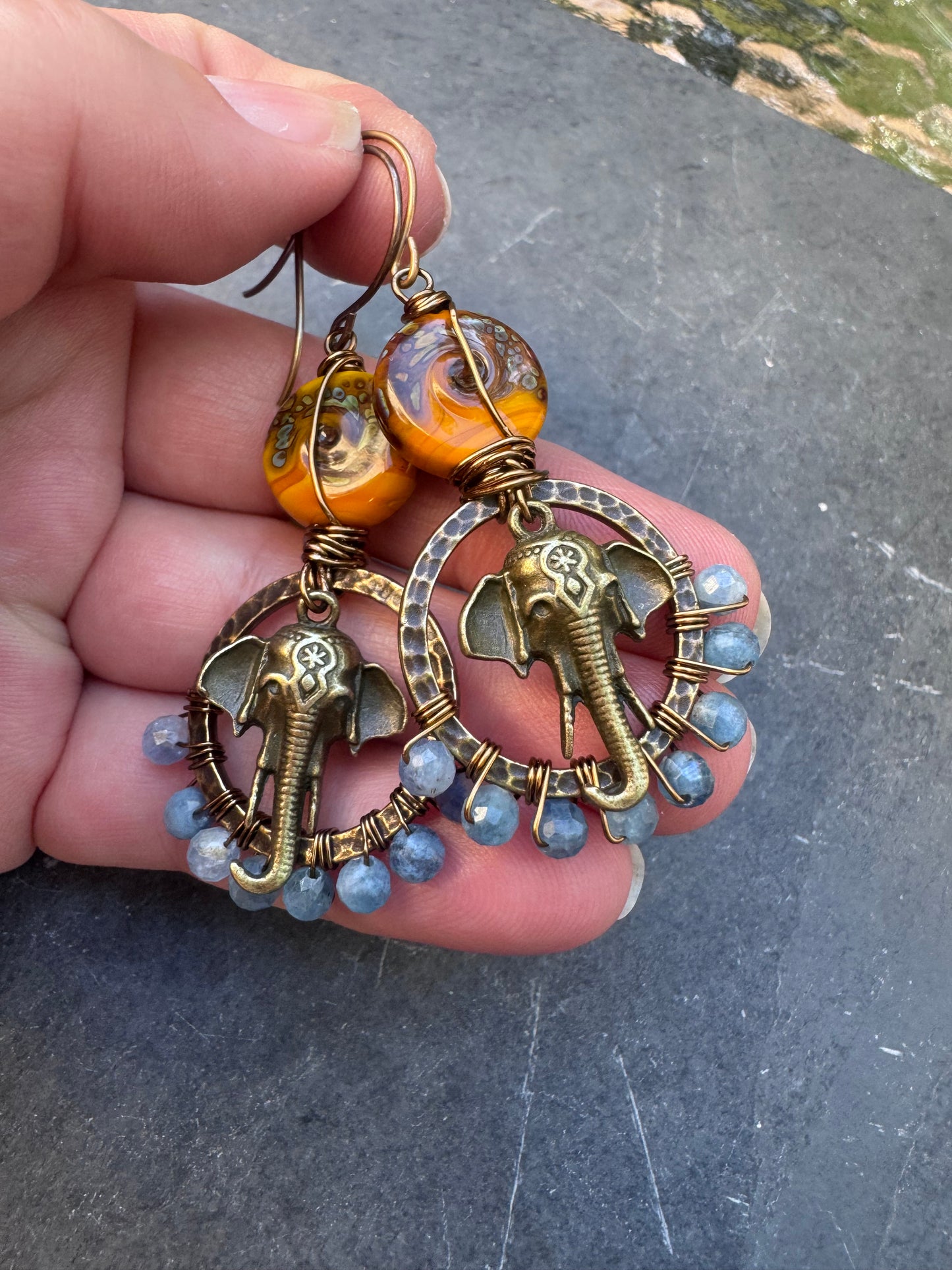 Blue kyanite, handmade lampwork glass, elephant charms, brass metal, earrings