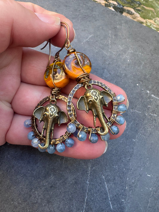Blue kyanite, handmade lampwork glass, elephant charms, brass metal, earrings