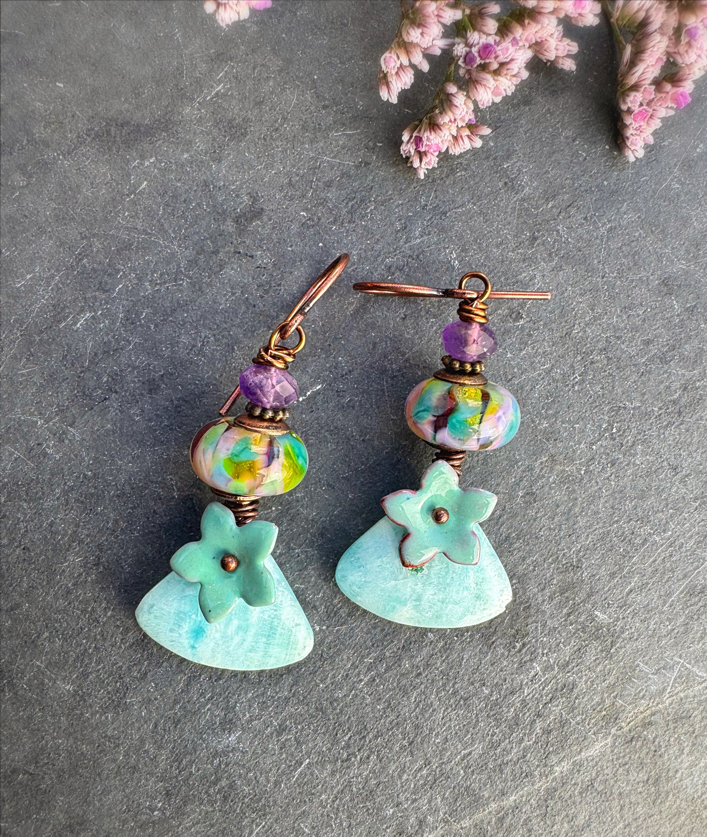 Enamel metal & glass bead caps, handmade lampwork glass, Amazonite stone drops, amethyst stone, copper metal, earrings
