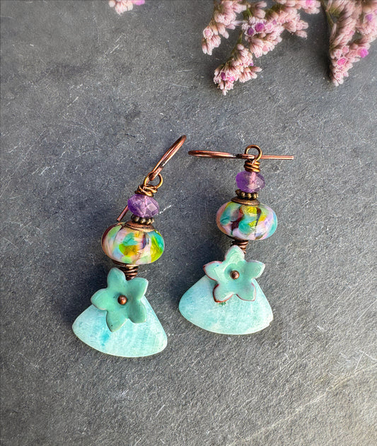 Enamel metal & glass bead caps, handmade lampwork glass, Amazonite stone drops, amethyst stone, copper metal, earrings