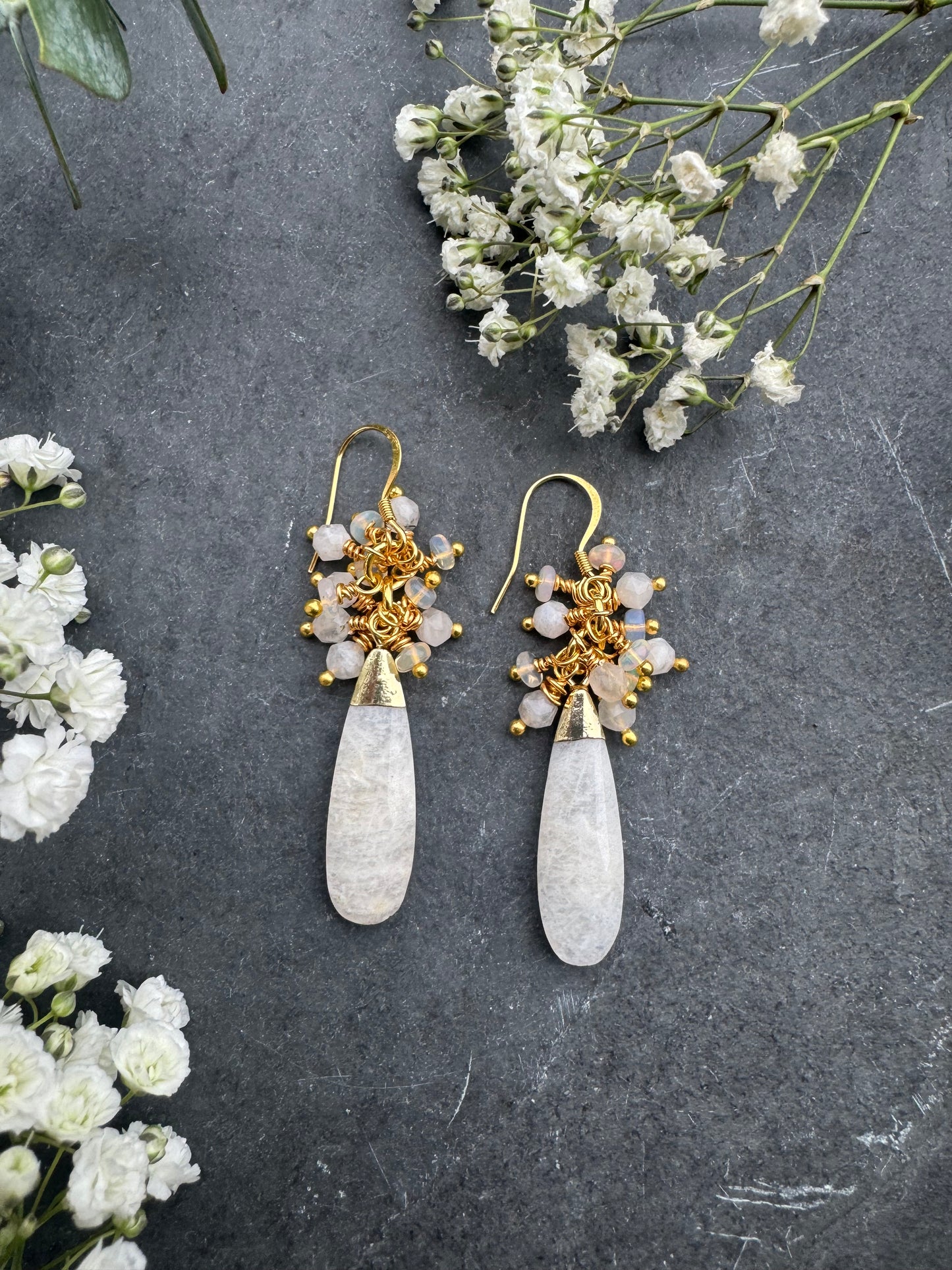 Moonstone, Opal stone, gold metal, earrings