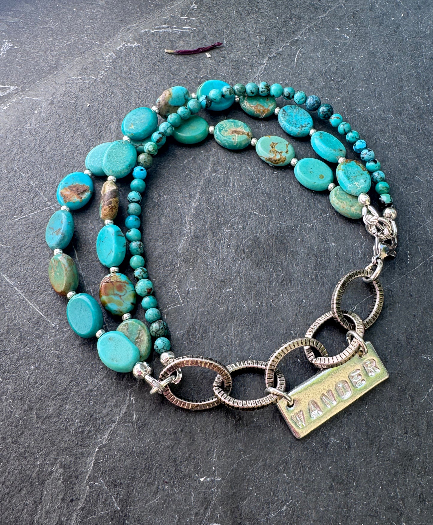 Wander. Turquoise stone, silver metal chain, charm, bracelet