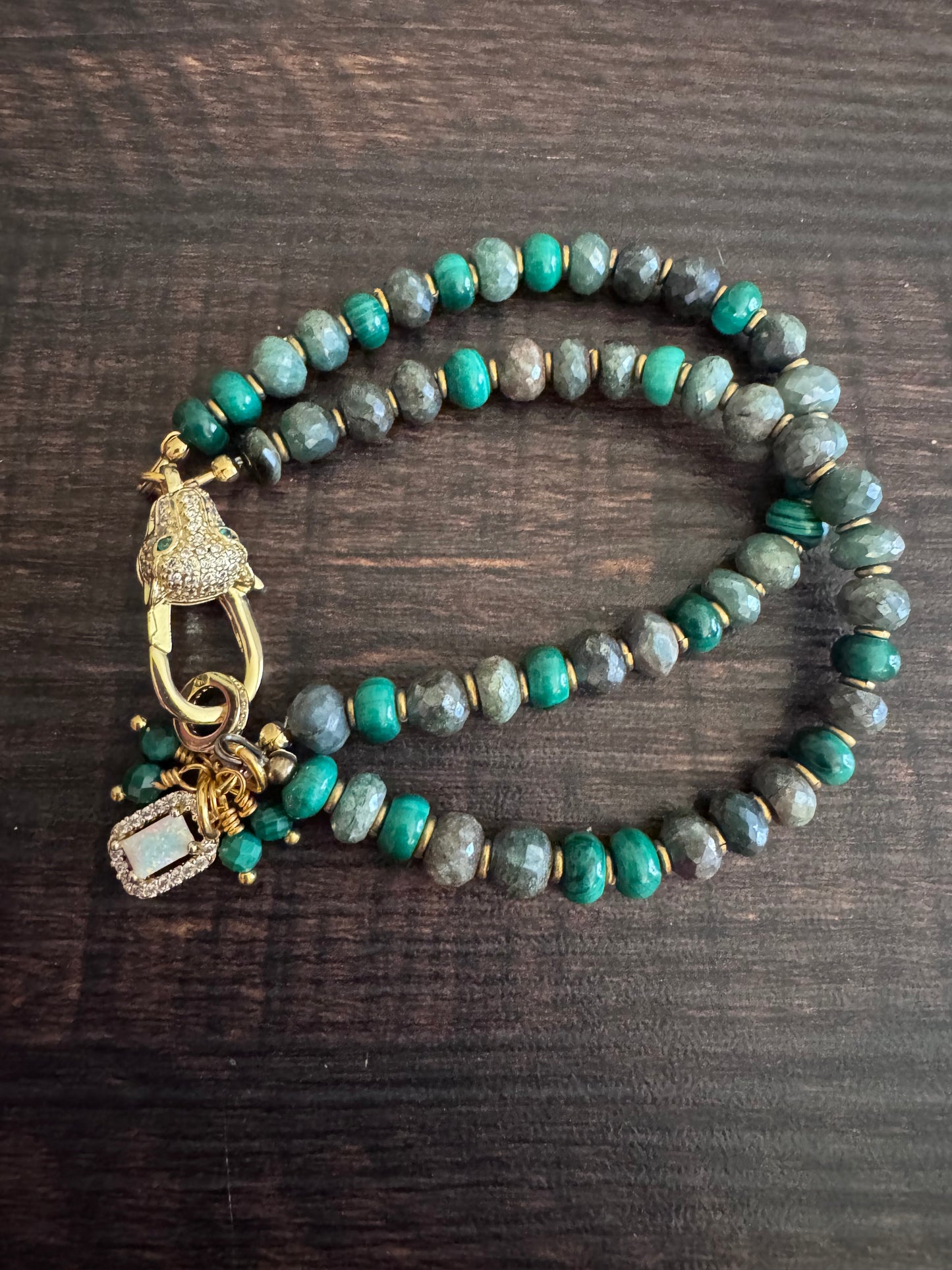 Emerald faceted stone, malachite, jaguar gold rhinestone clasp, bracelet