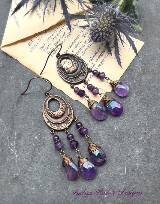 Amethyst stone, chandelier, bronze metal, earrings
