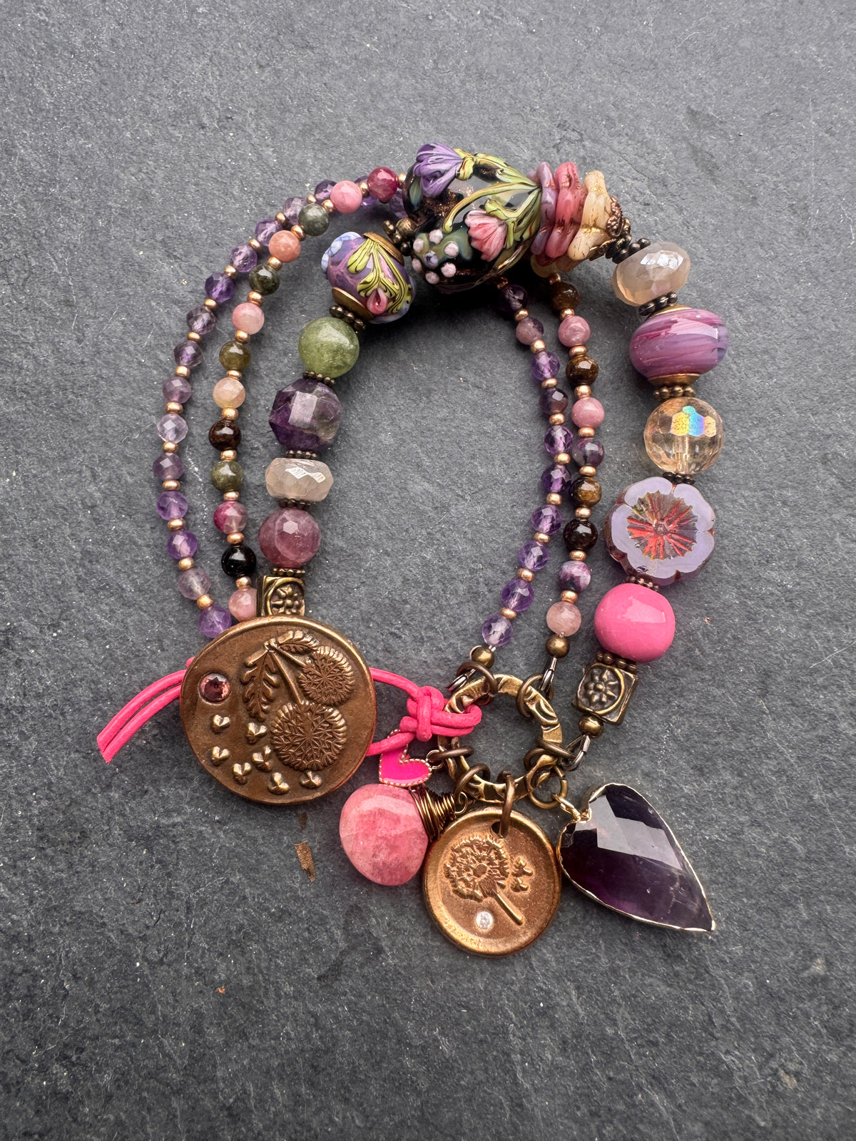 handmade lampwork glass, amethyst, tourmaline, moonstone, Madagascar rose quartz, pink tourmaline and handmade dandy lion button clasp.