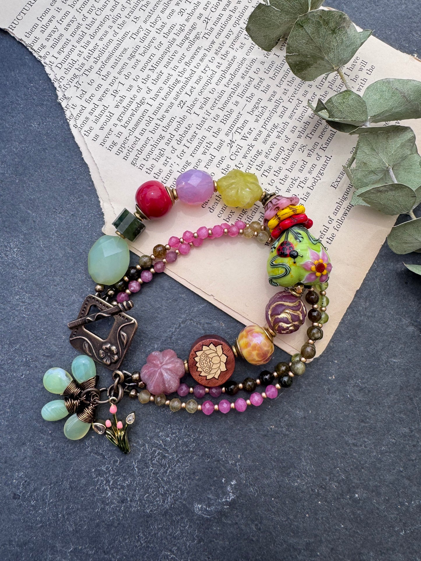 Lampwork glass,mixed stone, tourmaline, Czech glass, wood, bracelet.