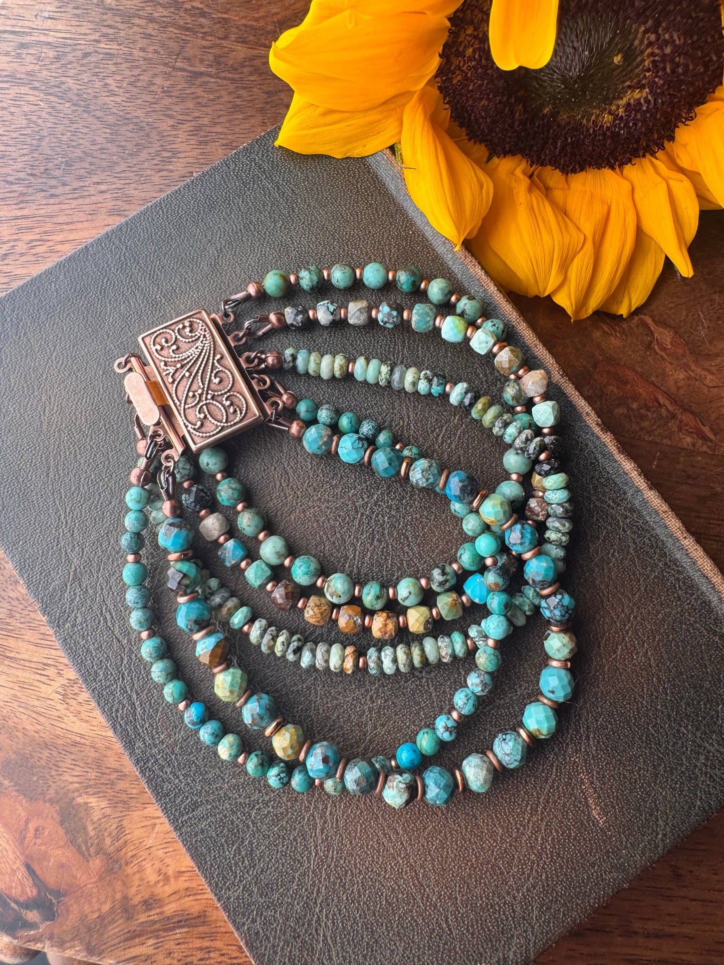 Turquoise and copper metal, multi strand, bracelet. MTO.