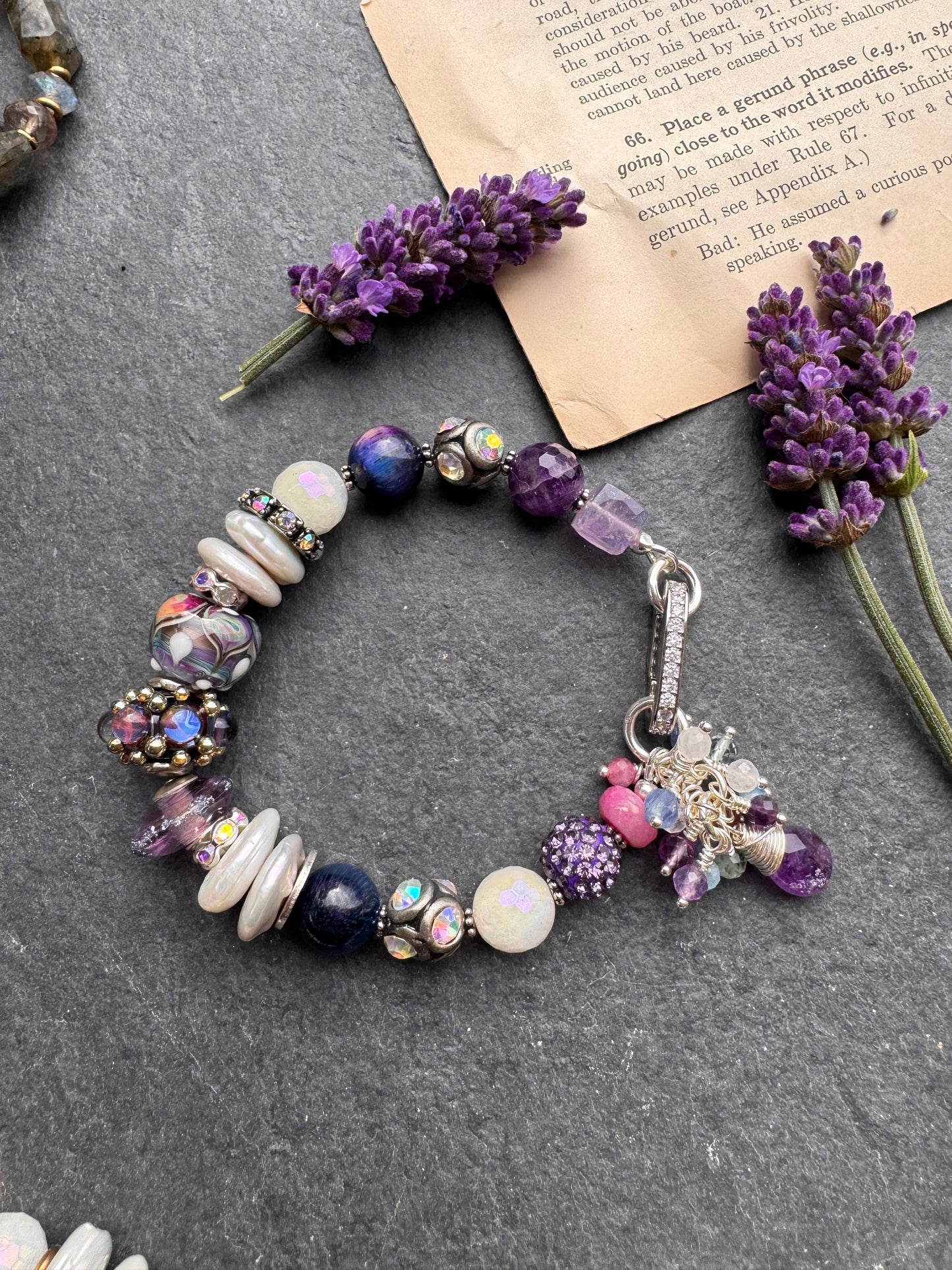 Cosmic. Handmade lampwork glass, cosmic tiger eye, pearls, rhinestones, moonstone, amethyst, silver metal, bracelet