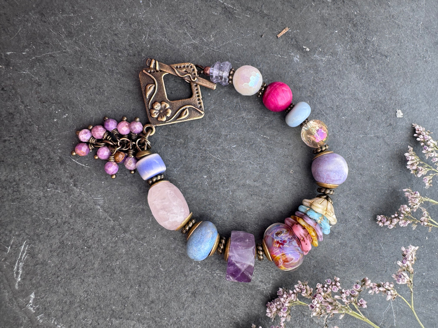 Sunset magic. lampwork glass, rose quartz, citrine, ceramic, amethyst, blue opal, pink tiger eye and Czech glass bracelet.