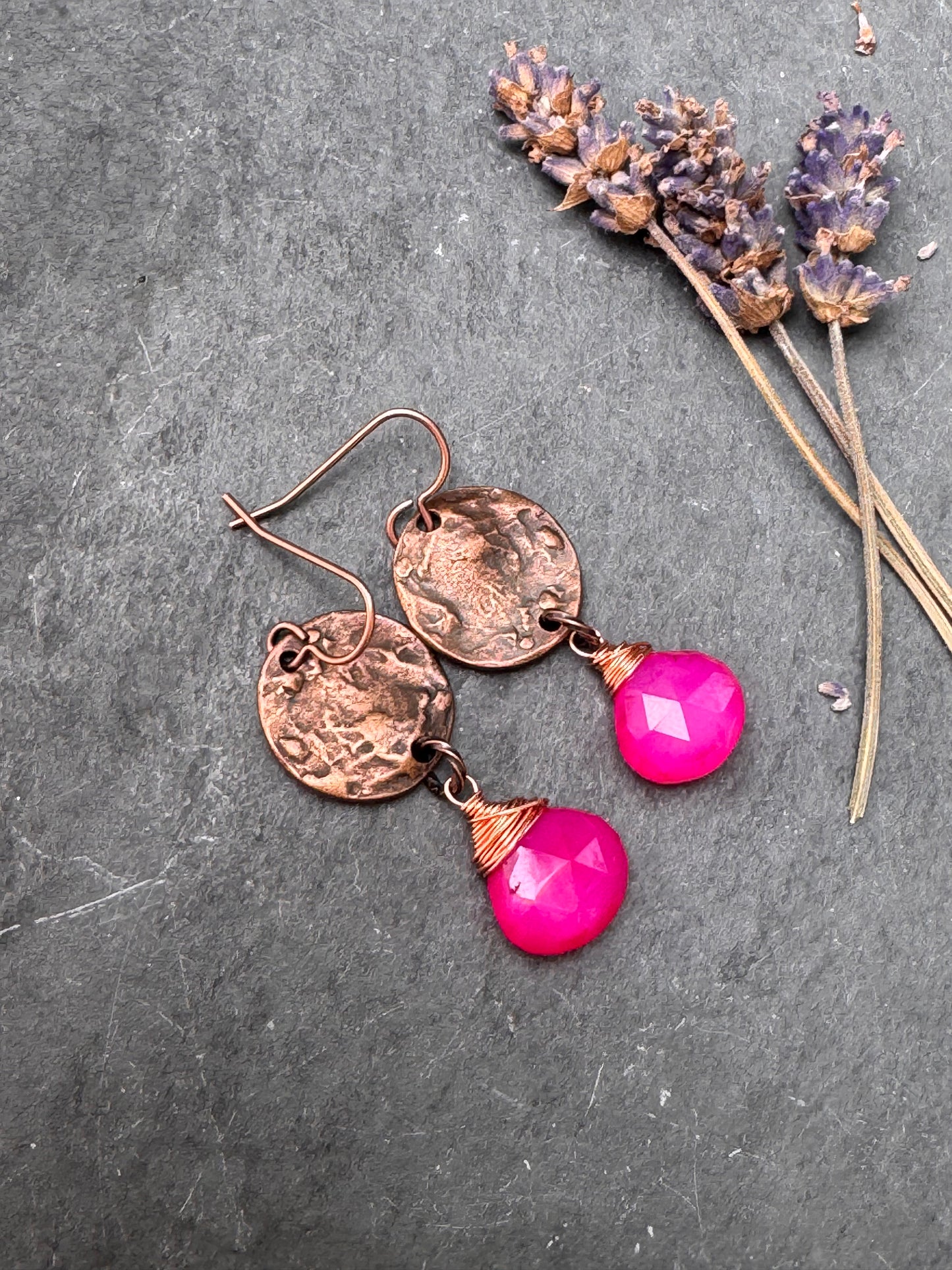 Pink stone, copper metal, earrings