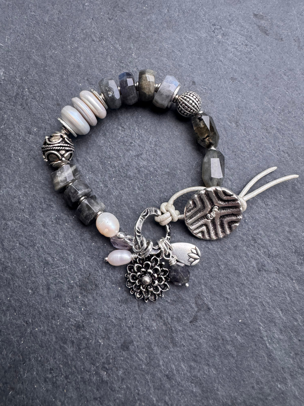 labradorite, pearls, silver metal, button, bracelet
