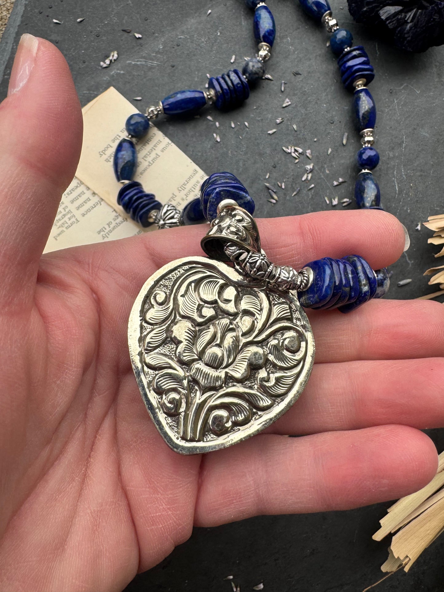 Lapis lazuli stone, lapis stone heart shaped pendant, silver metal. Chunky necklace. MTO.